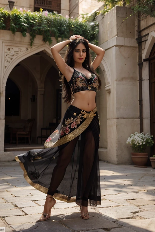 Female Radhika Sethi exceptionally gorgeous beautiful female dancer, Persian dancer flowing long black hair and strong Persian features, muscular, fit, athletic, abs, exquisite silk elaborate dress, silk scarf, embroidered skirts, dancing in courtyard with flowers, dynamic pose, sunlight, twilight, extremely detailed, staring into camera with small smile, realistic, photo quality, 4k 8k 16k 32k k, ultra realistic