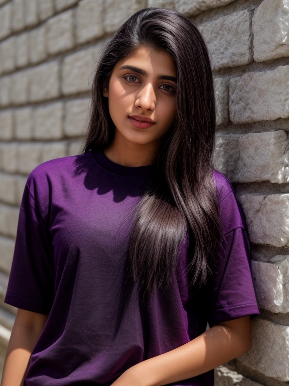 hires close up photo of pakistani girl, 22 years, outdoors, realistic skin texture, looking looking at camera, (purple_tshirt:1.2), (black pant), simple white stucco background    