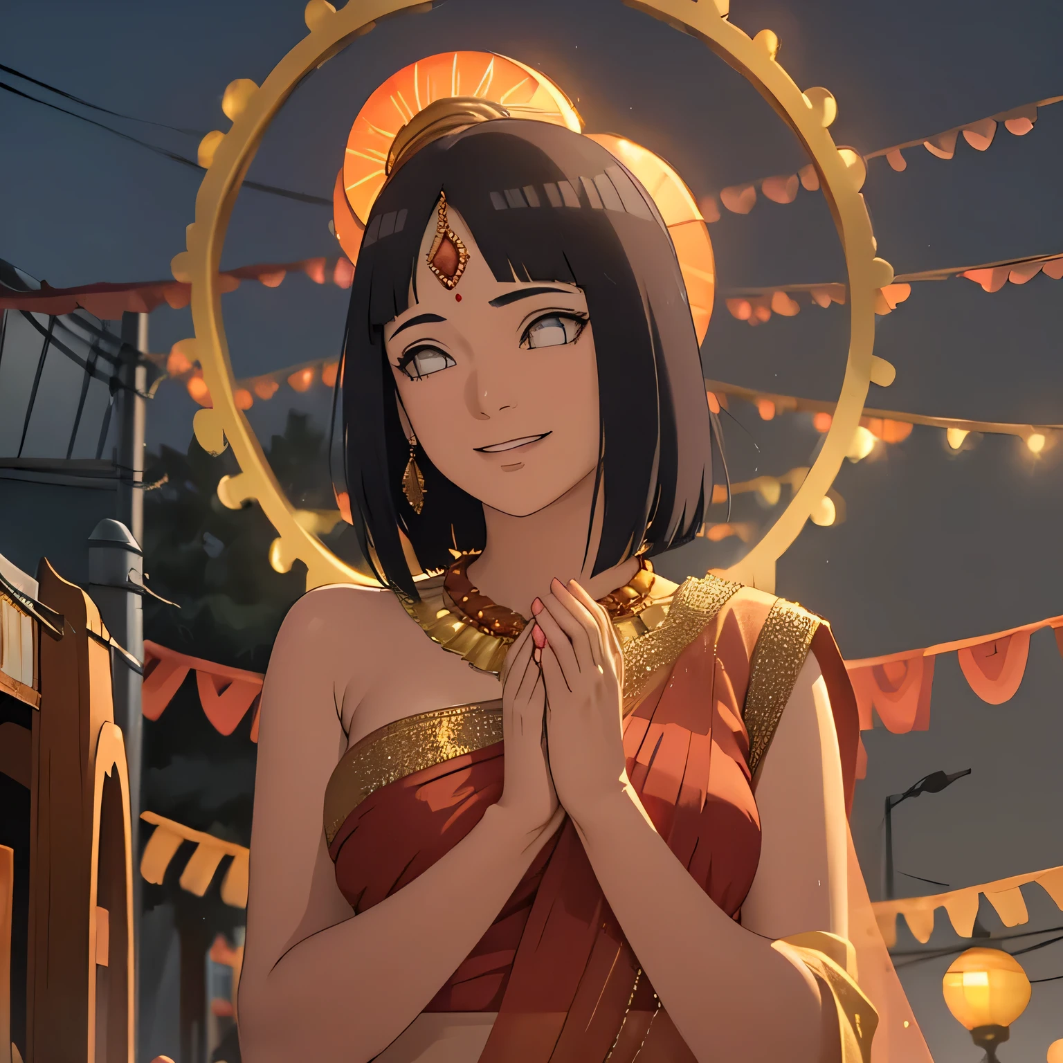In the enchanting glow of Diwali, the streets come alive with a kaleidoscope of lights and the rhythmic flicker of earthen lamps. Amidst this magical splendor, a mesmerizing sight awaits. A resplendent young woman, draped in a vibrant red saree, stands as the epitome of grace and elegance. The intricate details of her ensemble shimmer softly, reflecting the warm hues of the festive lights around her and fireworks in the sky, With each step, she brings an aura of joy and celebration, her presence illuminating the entire street with a radiance that rivals the brightest fireworks. As she embraces the spirit of Diwali, her infectious smile lights up not only the scene but also the hearts of all who witness her ethereal beauty.