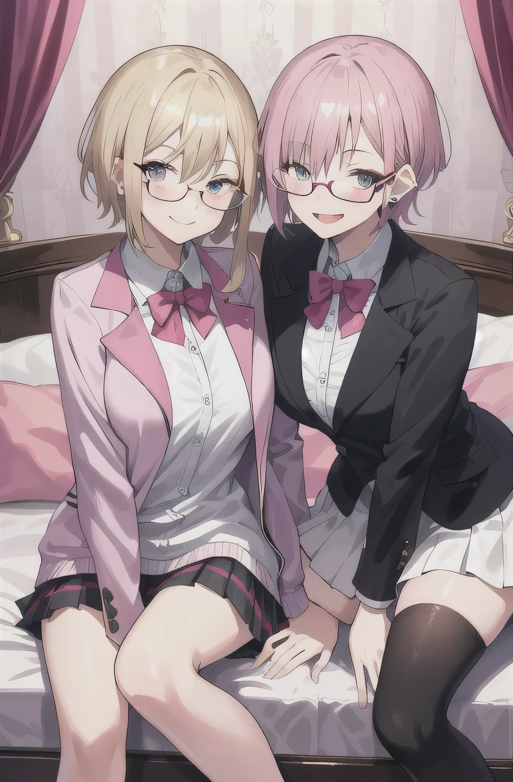 2 girls , sisters , 23 year old beautiful younger sister pink short hair huge breasts wear pink school sport jacket zipped shyness wearing glasses sitting on bed, 26 years old beautiful funny older sister blonde long hair small breasts ear's pierced cute gothic clothes no glasses , bedroom background ,look at camera , half body , (high resolution) , nsfw , exciting face ,smile ,naked, lesbian