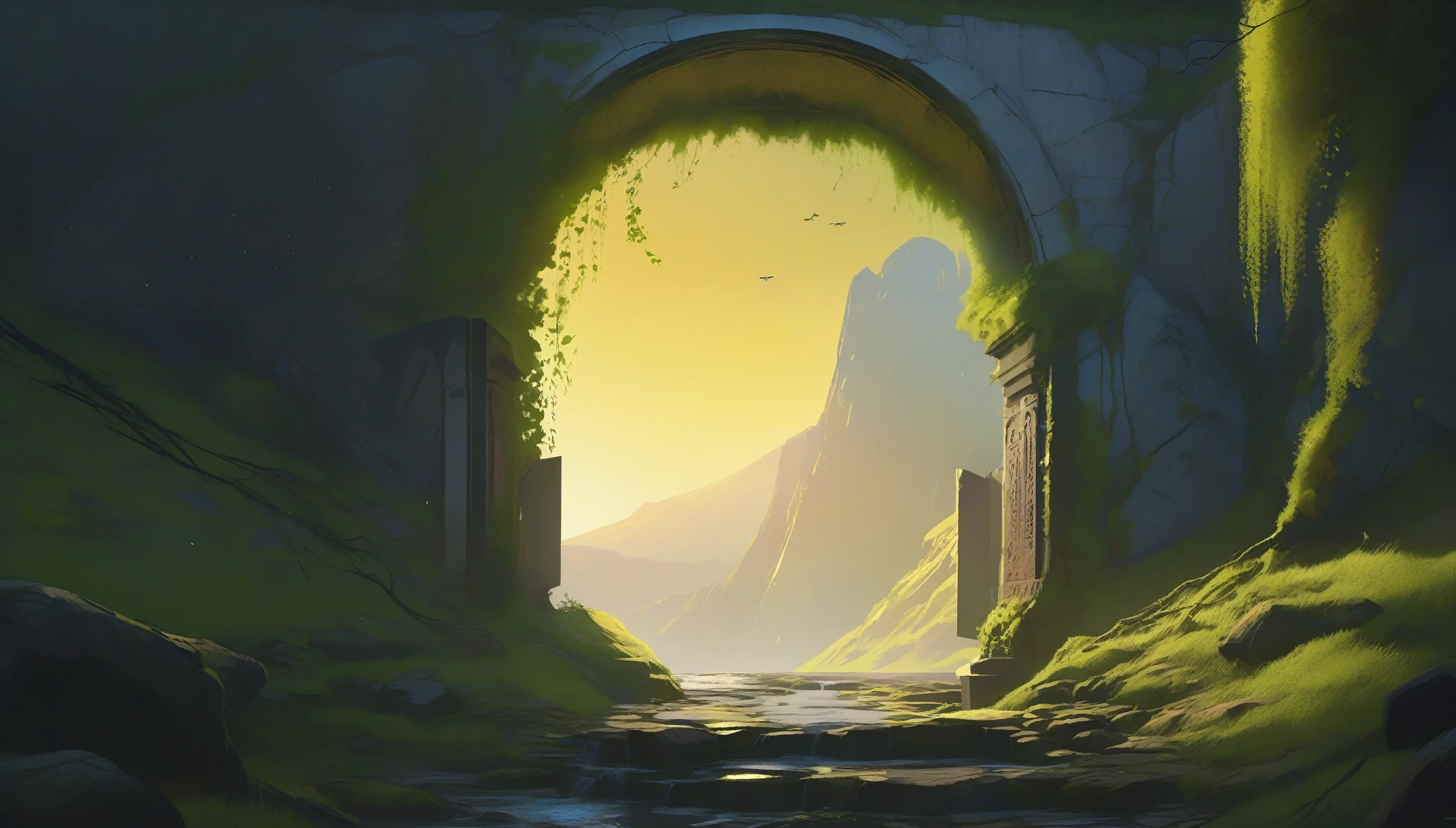 Ultra realistic painting of a forgotten gateway, mysterious ancient portal surrounded by vines and moss, crumbling stone archway with glyphs and runes, swirling waterfall in the portal, stars and mountains, leading to another time and dimension, digital art, trending on artstation, by Ashley Wood and Simon Stålenhag, (((sunlight,Lens flare,silhoutte,vignette)))