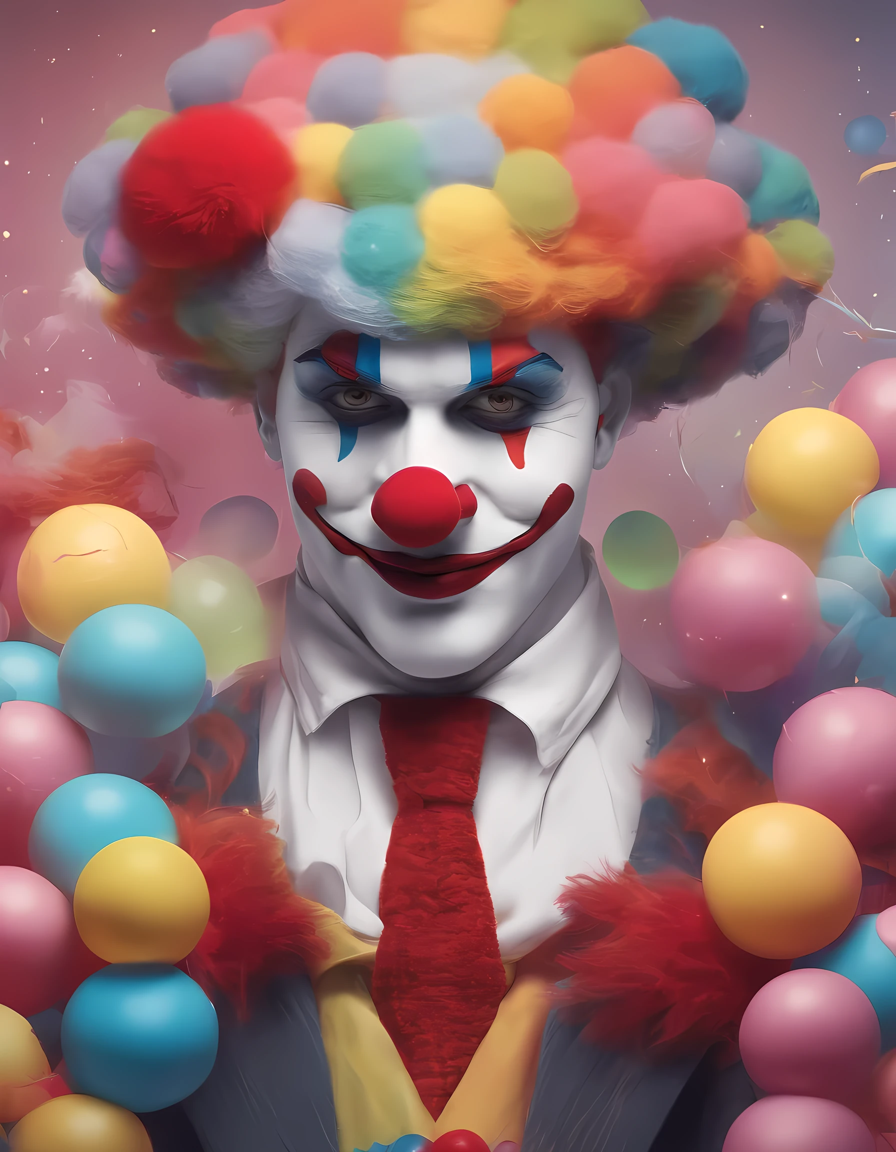 Clean background, (white face clown), wearing colorful knitted texture hat, intricate detail hat, ((full body shot)), (realistic style), (face thickly painted white)), red mouth, nose wearing red sponge ball, movie grade light effect, funny action, happy clown, looking at the audience, white gloves, colored magic wand in hand, clown character costume, Red plush shoes with big head, highest quality, master art, masterpiece, (with high artistic viewing), 4K picture quality,