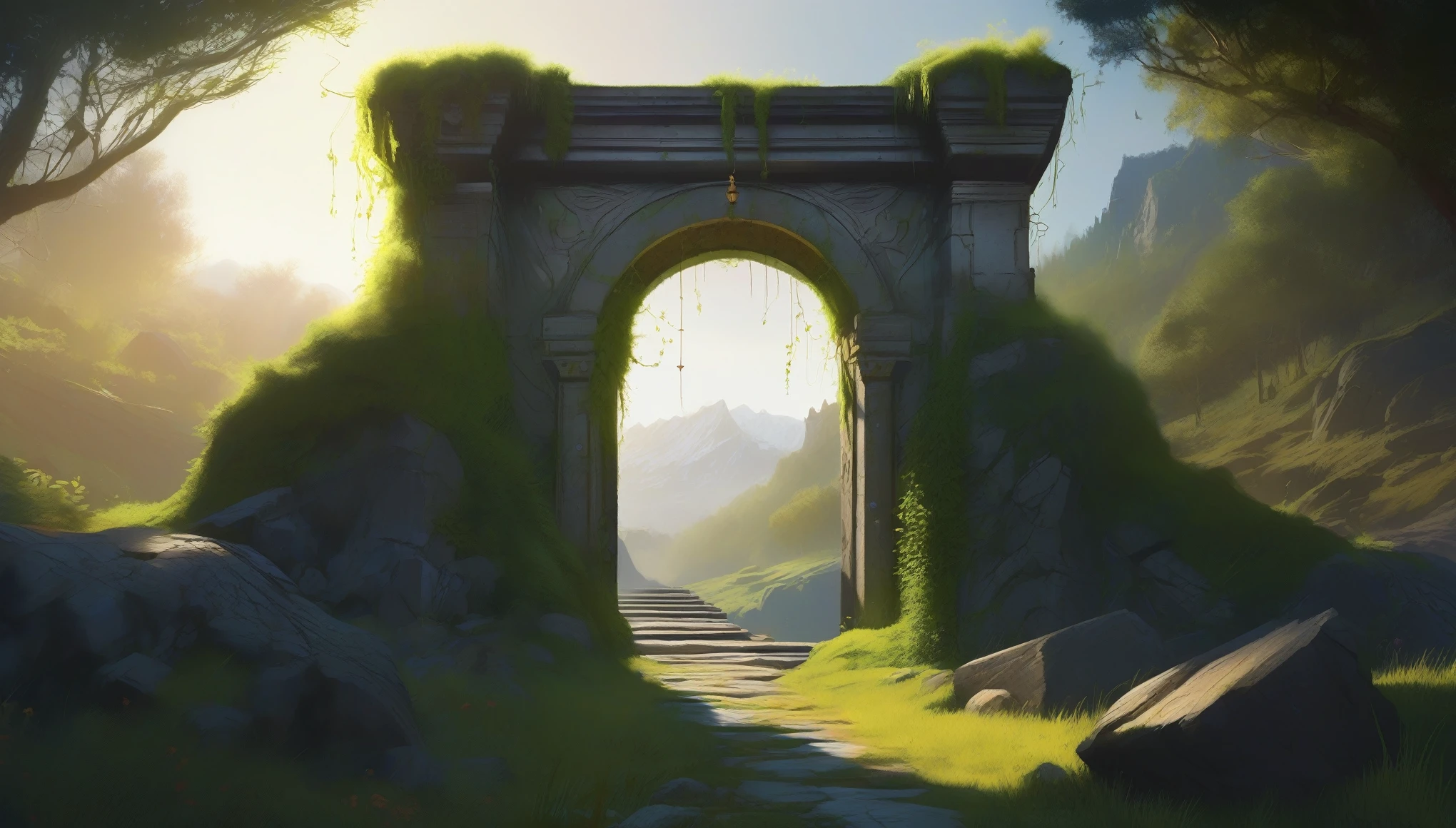 Ultra realistic painting of a forgotten gateway, mysterious ancient portal surrounded by vines and moss, crumbling stone archway with glyphs and runes, swirling waterfall in the portal, stars and mountains, leading to another time and dimension, digital art, trending on artstation, by Ashley Wood and Simon Stålenhag, (((sunlight,Lens flare,silhoutte,vignette)))