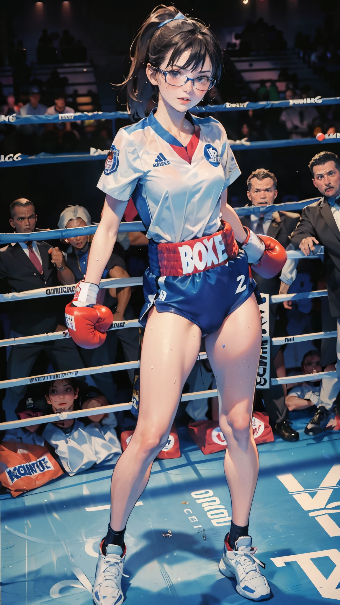 (super flat, flat shading), Honors Type, Really blushing, 17 years old, (Boxing Match:1.5), 2girls, (fighting:1.5), wearing no sleeves white (high-cut uniform:1.5), wedgie:1.5, cameltoe:1.7, sports shoes, ponytail brown hair, Glasses, sweaty healthy body, sweaty soaking wet full body, smile, bare legs, navel, ultra realistic, early morning, breeze, (standing:1.2), in crowded public gymnastics,