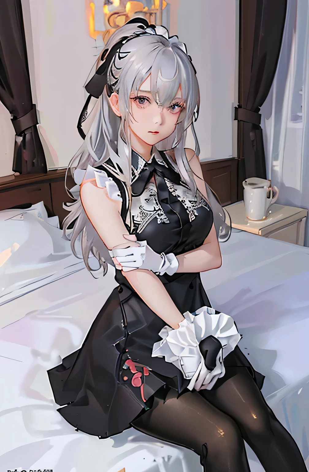 (((1 girl)),Ray Tracing,(Dim lighting),[Detailed Background (Bedroom)),((Silver Hair)),((Silver Hair)),(Fluffy Silver Hair, Plump and slender girl)) Raised ponytail)))) Avoid blonde eyes in the ominous Bedroom ((((Girls、She wears intricately embroidered black high-waisted pants and pantyhose.。) White frilly ribbon gloves), Showing off a delicate, slim figure and graceful curves, Correct limbs, Sitting on the bed、8K、Perfect female body、Red line clothes、8K、High quality、Naughty fashion、Big Breasts、Eros、Lingerie、Pink outfit、bikini