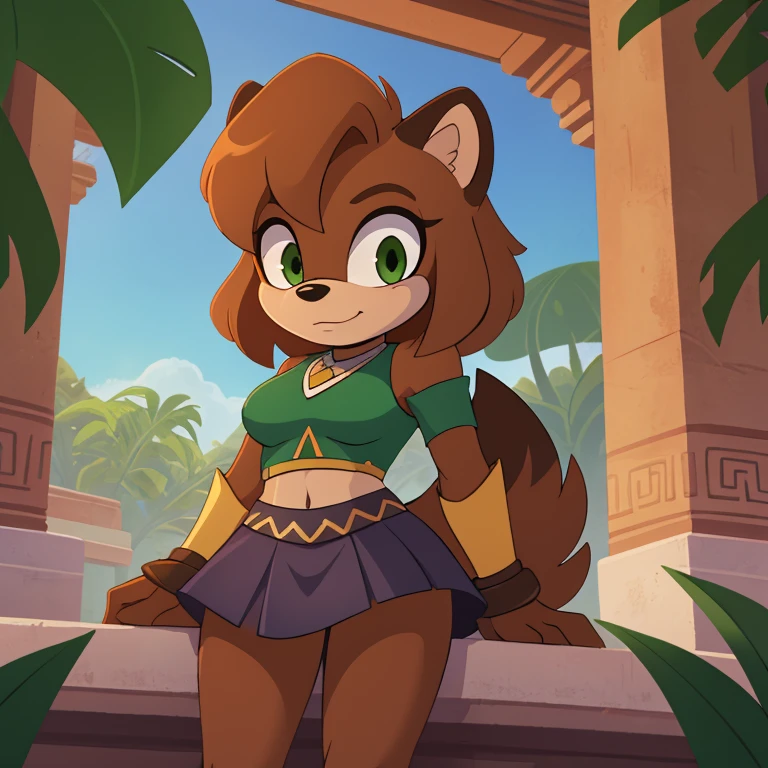 sonic (series), 1girl, anthro panther girl, female mobian, mobian, blunt bangs, short hair, green eyes, (brown fur:1.3), aztec clothes, aztec skirt, jungle biome, aztec piramid, outline, Intricate Details, Masterpiece, Best Quality, High Quality, Studio Quality, Best Detail, Perfect Detail, Refine Detail.