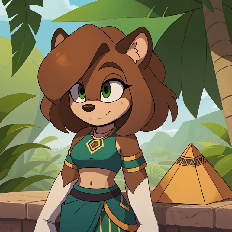 sonic (series), 1girl, anthro panther girl, female mobian, mobian, blunt bangs, short hair, green eyes, (brown fur:1.3), aztec clothes, aztec skirt, jungle biome, aztec piramid, outline, Intricate Details, Masterpiece, Best Quality, High Quality, Studio Quality, Best Detail, Perfect Detail, Refine Detail.