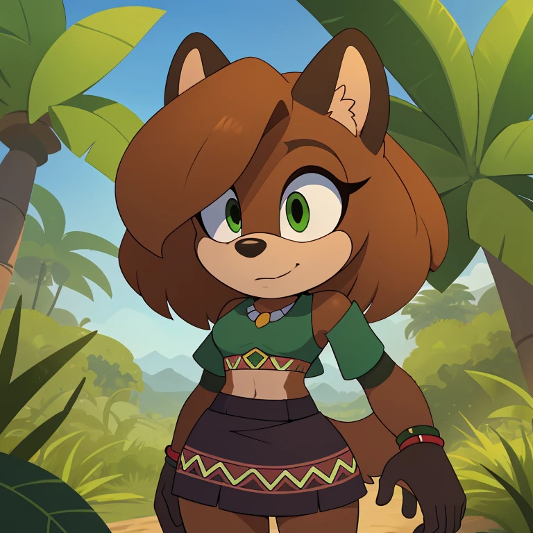 sonic (series), 1girl, anthro panther girl, female mobian, mobian, blunt bangs, short hair, green eyes, (brown fur:1.3), aztec clothes, aztec skirt, jungle biome, aztec piramid, outline, Intricate Details, Masterpiece, Best Quality, High Quality, Studio Quality, Best Detail, Perfect Detail, Refine Detail.