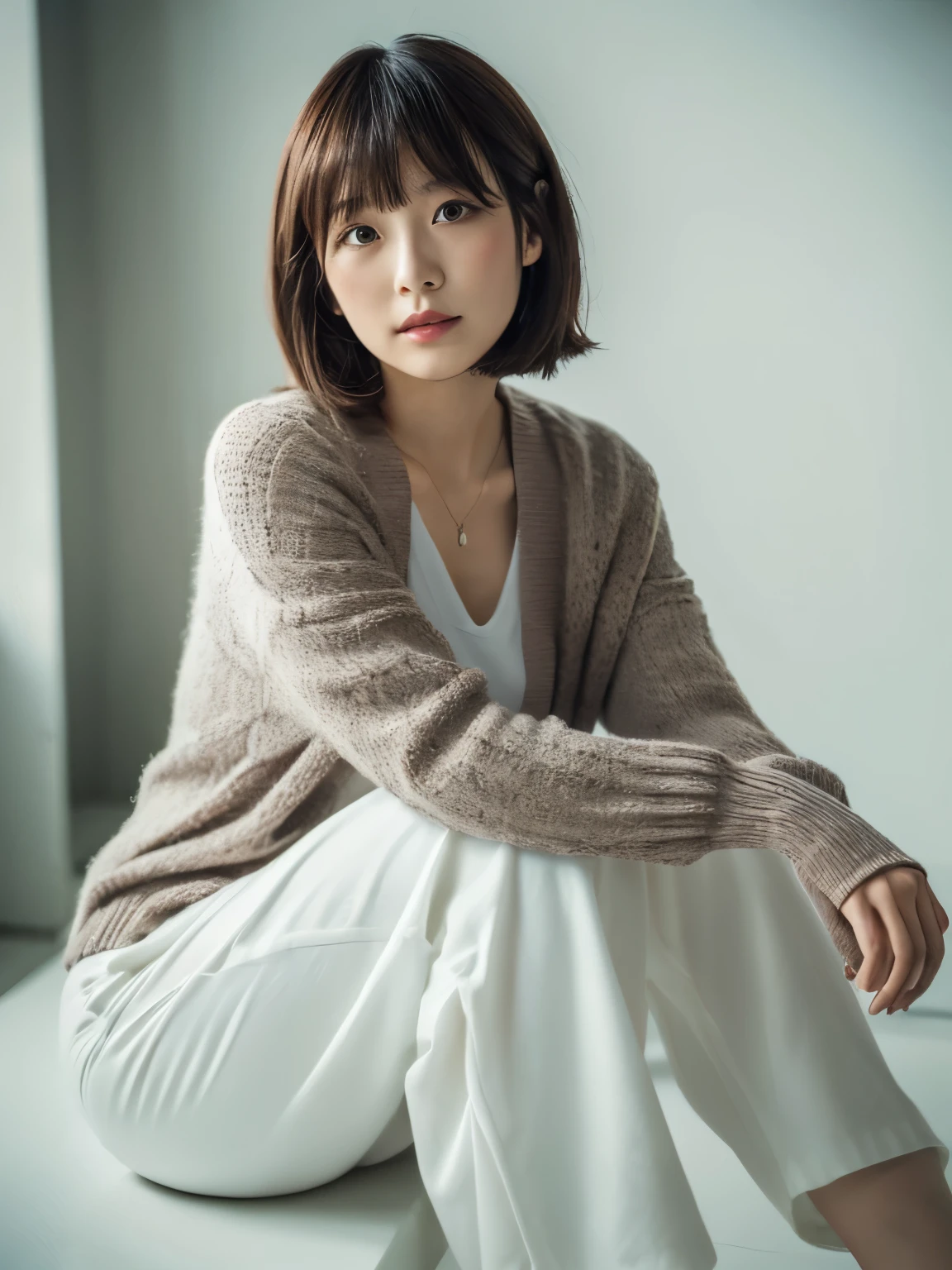 ((masutepiece,top-quality)), (photographrealistic:1.4),((masutepiece,8K)),hight resolution,Studio Soft Light, Rim Lights, vibrant detail, realistic skin textures,Japanese, 1 beautiful woman, Short hair, Wave hair, faint thin bangs, make - up, 38 years, Detailed skin, cardigan, wide-leg pants, White background, White Room,white walls, fully body photo, Looking at Viewer