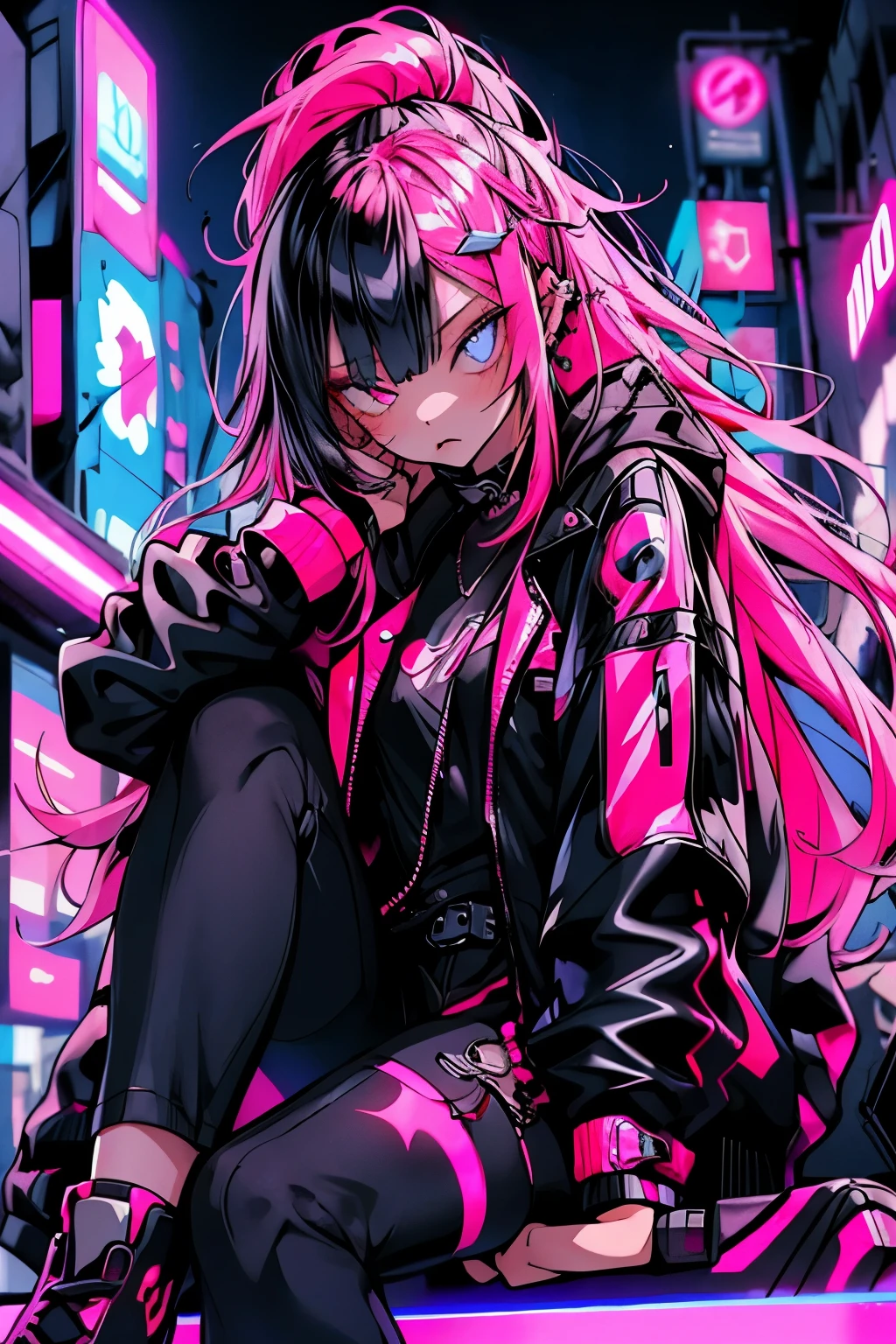 girl, Pink Long Hair, Blue Hair, Pink Eyes, Cool black open short jacket, Tattoo, Messy fade cut hair, crazy, Sitting pose, Futuristic neon night city background,put