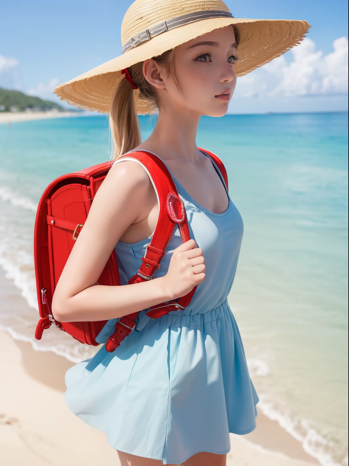 ((highest quality)),((super high quality))), beach in the evening, (((20-year-old cute college girl))), ((hair is ponytail)),((small breasts)),((wearing a dress)),((wearing sun hat)), (high quality photo with full body))),, wearing randoseru backpack, side view, (randoseru backpack:1.2)