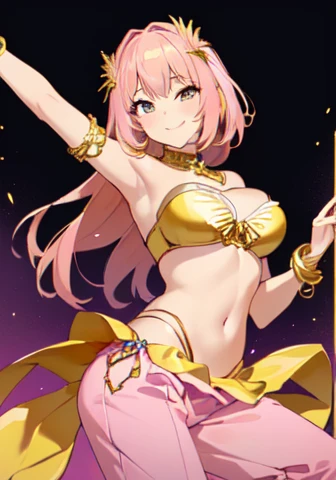 Smug dancer girl with a golden strapless 2 piece bikini bra with transluscent pink pants revealing her golden panties she is adorned with a large amount of jewelry