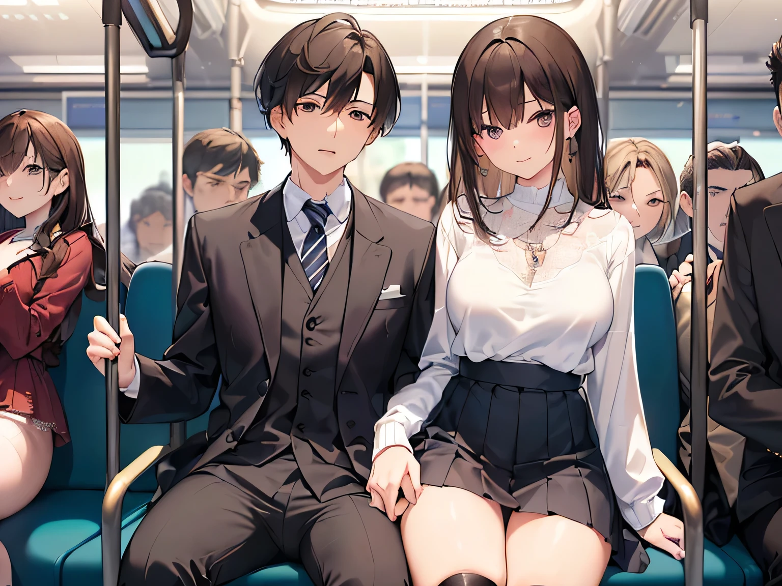 (Masterpiece, top quality, high resolution, realistic photos, realistic looking skin:1.1),
(A man and a woman couple are on a crowded train:1.5),
(A man is touching a woman's buttocks from behind: 1.8),
(The other passengers are unaware of their behavior: 1.8),
(They are standing: 1.5),
(The woman has a pleasant expression on her face:1.8),
(The woman is wearing a long-sleeved knit with a V-neck:1.5),
(woman is wearing a pleated miniskirt:1.5),
(woman is wearing knee-length boots: 1.5),
(woman's panties are white lace with a pattern on them:1.5),
(The woman has medium brown hair: 1.5),
(The man is wearing a suit: 1.5),
(The man who plays the role of a pervert is actually her boyfriend: 1.5),
(Location is near the door in a crowded train: 1.5),
Full-bodied esbian, beautiful eyes, shining eyes, shining thighs, NSFW