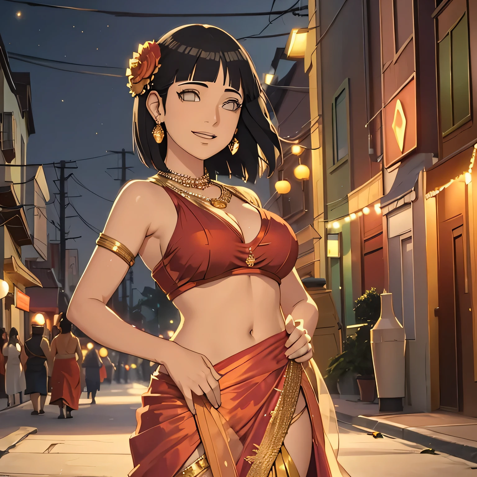 In the enchanting glow of Diwali, the streets come alive with a kaleidoscope of lights and the rhythmic flicker of earthen lamps. Amidst this magical splendor, a mesmerizing sight awaits. A resplendent young woman, big breast, draped in a vibrant red saree, stands as the epitome of grace and elegance. The intricate details of her ensemble shimmer softly, reflecting the warm hues of the festive lights around her and fireworks in the sky, With each step, she brings an aura of joy and celebration, her presence illuminating the entire street with a radiance that rivals the brightest fireworks. As she embraces the spirit of Diwali, her infectious smile lights up not only the scene but also the hearts of all who witness her ethereal beauty.
