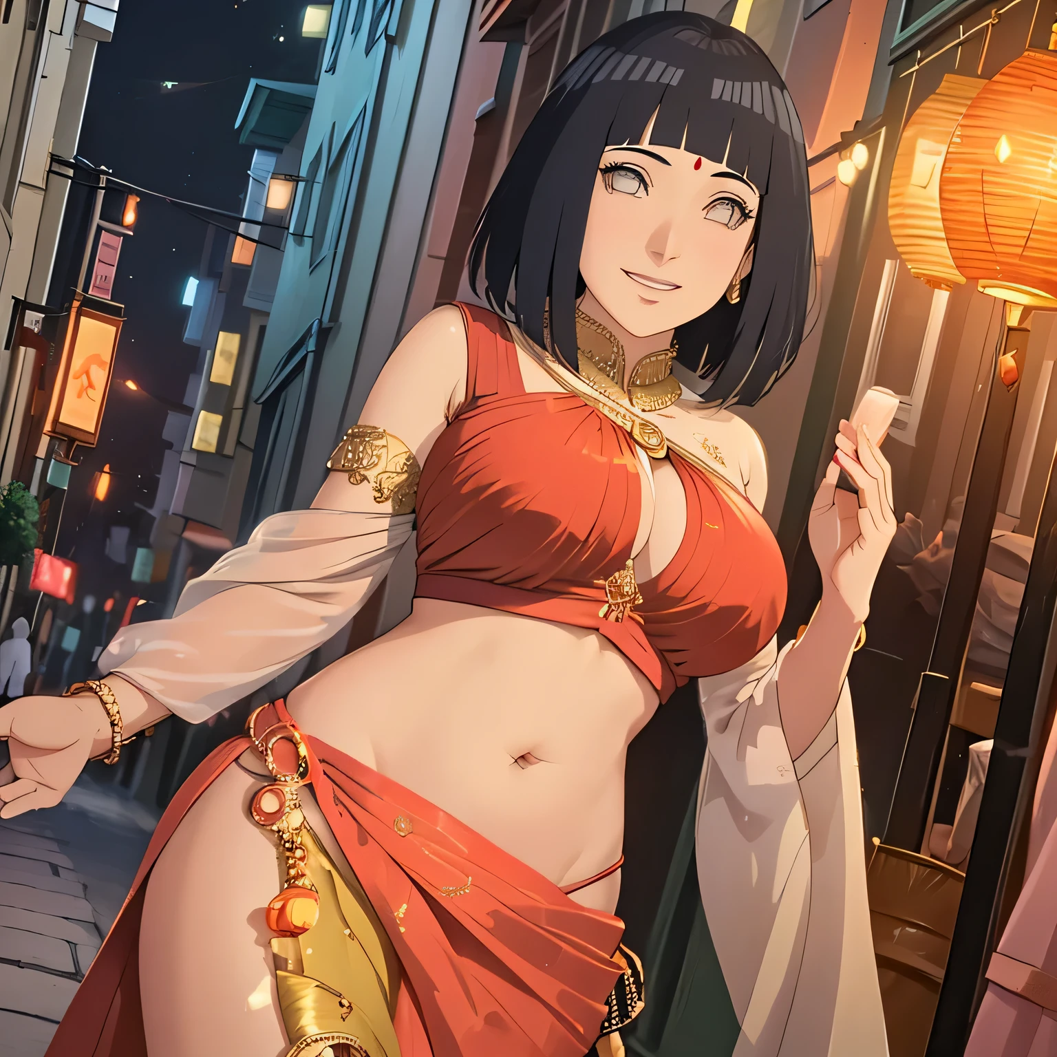 (kinako_(shiratama_mochi) style, eishin_flash_\umamusume\), ((topless)), horse ear, horse tail, nsfw, masterpiece, sarong, gold skirt, solo, 1 girl, erect nipples, nipples, navel, bare breasts, bare stomach, full body, indian hairddress, outdoors, palace, morocco, casa blanca, collarbones, slim waist, black hair, short hair, detailed eyes, beautiful eyes, blue eyes, necklace, gold bracelet, gold cutouts, jewelries, goddess, mouth veil, dancing, cowboy shot, party, people on background, date palm trees, night, gold lights, moonlight