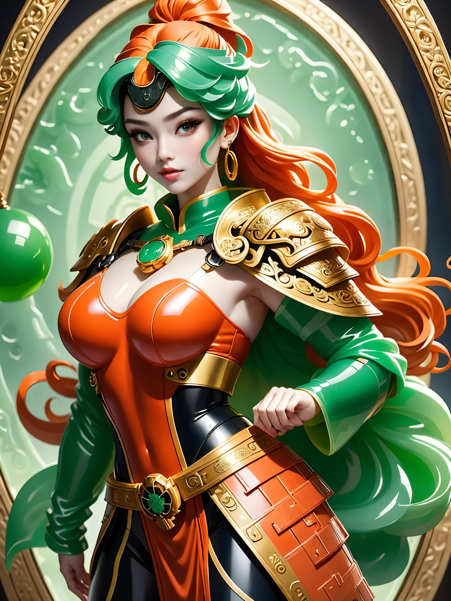 masterpiece，quality，翠玉armor，1 Girl，armor，Blurred Background，Depth of Field，玉雕armor，(半遮面armor:1.5)，翡翠armor，One-Eyed Giant，Upper Body，Above the hips，Armor with orange jade balls，Gold shoulder straps，Jade Breastplate，Orange Hair，Whole body nail，earrings，Goggles，helmet，jewelry，Lips，Long hair，Looking at the audience，solo，Upper Body