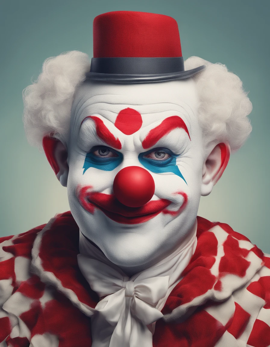 Clean background, (white face clown), wearing colorful knitted texture hat, intricate detail hat, ((full body shot)), (realistic style), (face thickly painted white)), red mouth, nose wearing red sponge ball, movie grade light effect, funny action, happy clown, looking at the audience, white gloves, colored magic wand in hand, clown character costume, Red plush shoes with big head, highest quality, master art, masterpiece, (with high artistic viewing), 4K picture quality,