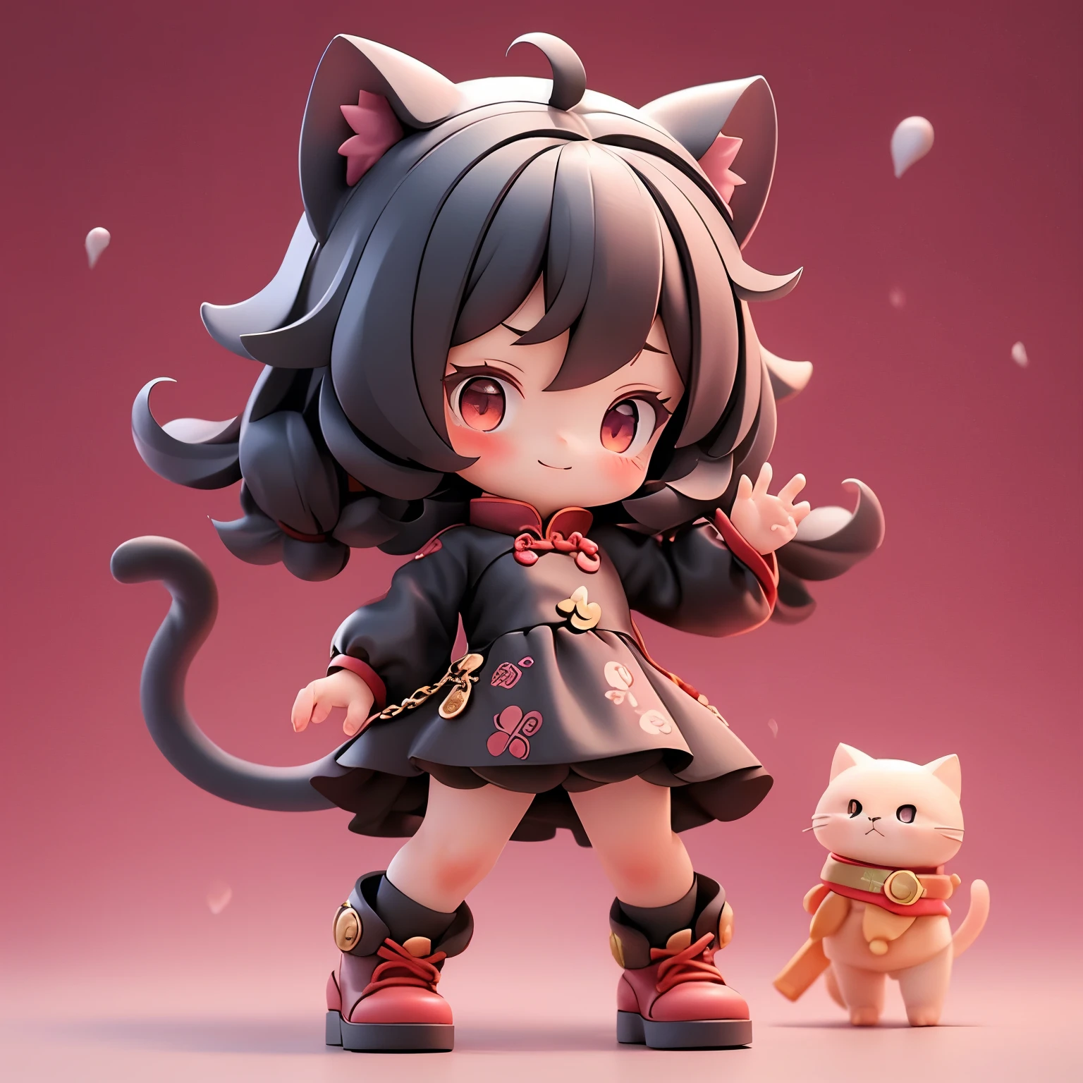 Matte blind box，(Red cheongsam)，Simple background，best quality,Cat ears,Happy expression,Throwing gold coins in hand,standing,a ***********
