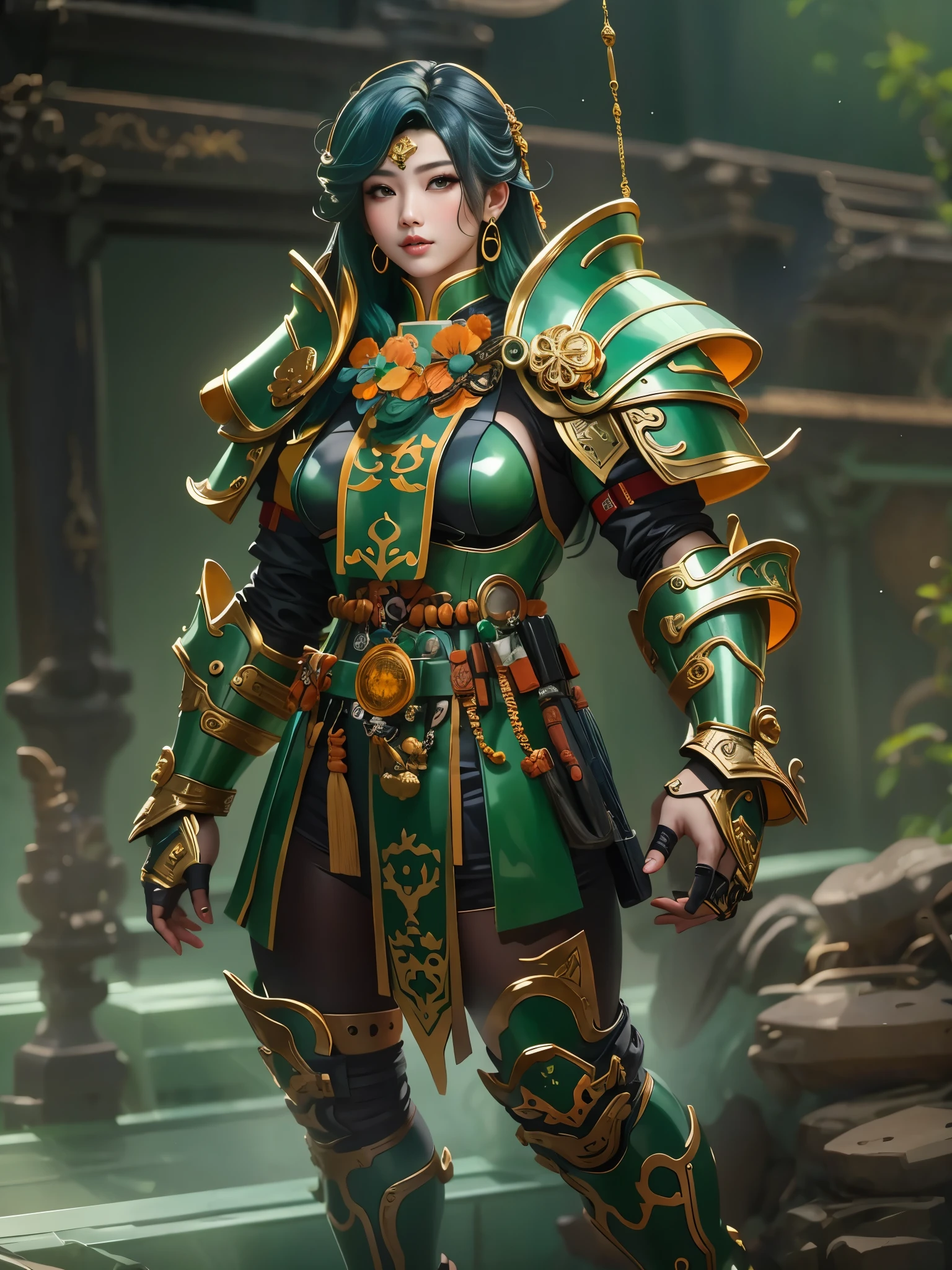 masterpiece，quality，翠玉armor，1 Girl，armor，Blurred Background，Depth of Field，玉雕armor，(半遮面armor:1.5)，翡翠armor，One-Eyed Giant，Upper Body，Above the hips，Armor with orange jade balls，Gold shoulder straps，Jade Breastplate，Orange Hair，Whole body nail，earrings，Goggles，helmet，jewelry，Lips，Long hair，Looking at the audience，solo，Upper Body