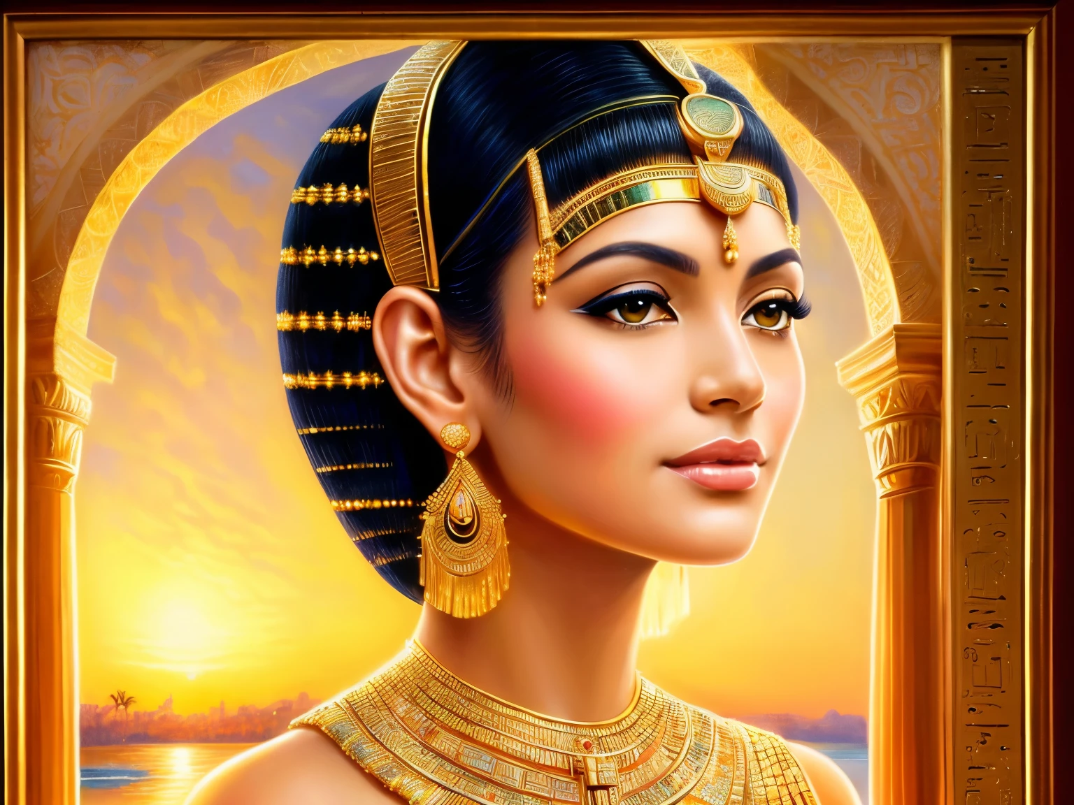 Detailed and captivating full-body portrait of Cleopatra, the ancient Egyptian queen, depicted in stunning beauty. Her intricately woven golden headdress adorns her head, cascading curls framing her sculpted features. Her honey-toned skin is elegantly exposed, shimmering under the gentle, warm light. Her emerald green eyes, half-lidded with seductive allure, gaze off into the distance. The background is an enchanting depiction of the Nile River at sunset, shimmering with ethereal golden hues, creating an illusionary, almost dream-like atmosphere. The overall painting exudes a rich, vibrant atmosphere, with