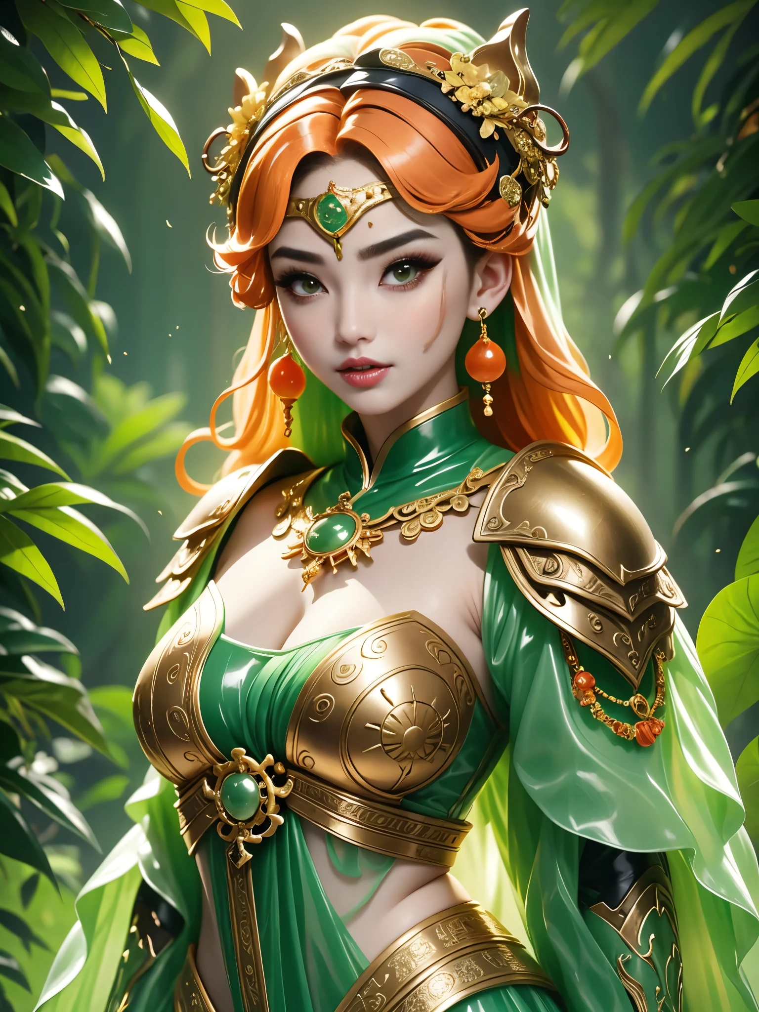 masterpiece，quality，翠玉armor，1 Girl，armor，Blurred Background，breast，Depth of Field，玉雕armor，(半遮面armor:1.5)，翡翠armor，One-Eyed Giant，Upper Body，Above the hips，Armor with orange jade balls，Gold shoulder straps，Jade Breastplate，Orange Hair，Whole body nail，earrings，Goggles，helmet，jewelry，Lips，Long hair，Looking at the audience，solo，Upper Body