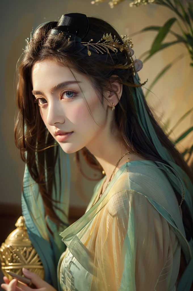 ( masterpiece, top quality, best quality,8k,17 years old girl,ultra detailed,raw photo:1.5),(photorealistic:1.4),(cinematic lighting), PerfectNwsjMajic, , Surrealism, UHD, ccurate, Super detail, textured skin, High detail, Best quality, dynamic angle, (high nose,White skin),[Beautiful blue eyes],(1girl),(good anatomy:0.5)), dunhuang_style, Dreamy atmosphere,expressive brush strokes, mystical ambiance, Artistic interpretation, a whimsical illustration, Subtle colors and tones, straight face,middle part,long straight hair 
