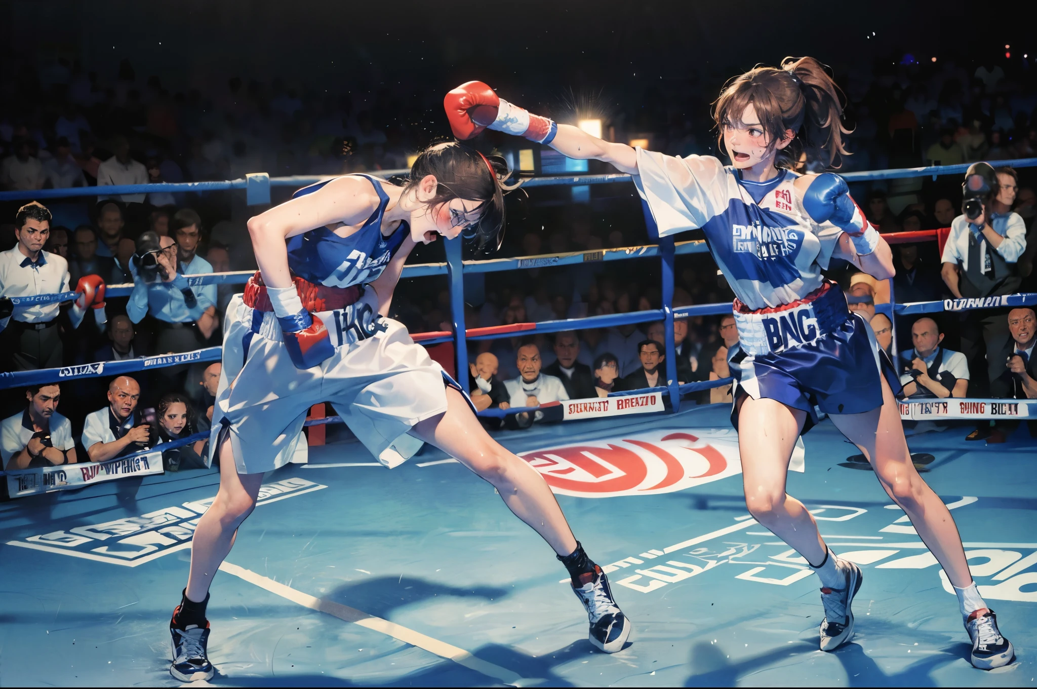 (super flat, flat shading), Honors Type, Really blushing, , (Boxing Match:1.5), 2girls, (fighting:1.5), wearing no sleeves white (high-cut uniform:1.5), wedgie:1.5, cameltoe:1.7, sports shoes, ponytail brown hair, Glasses, sweaty healthy body, sweaty soaking wet full body, smile, bare legs, navel, ultra realistic, early morning, breeze, (standing:1.2), in crowded public gymnastics,