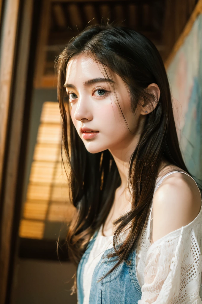 ( masterpiece, top quality, best quality,8k, girl,ultra detailed,raw photo:1.5),(photorealistic:1.4),(cinematic lighting), PerfectNwsjMajic, , Surrealism, UHD, ccurate, Super detail, textured skin, High detail, Best quality, dynamic angle, (high nose,White skin),[Beautiful blue eyes],(1girl),(good anatomy:0.5)), dunhuang_style, Dreamy atmosphere,expressive brush strokes, mystical ambiance, Artistic interpretation, a whimsical illustration, Subtle colors and tones, straight face,middle part,long straight hair 