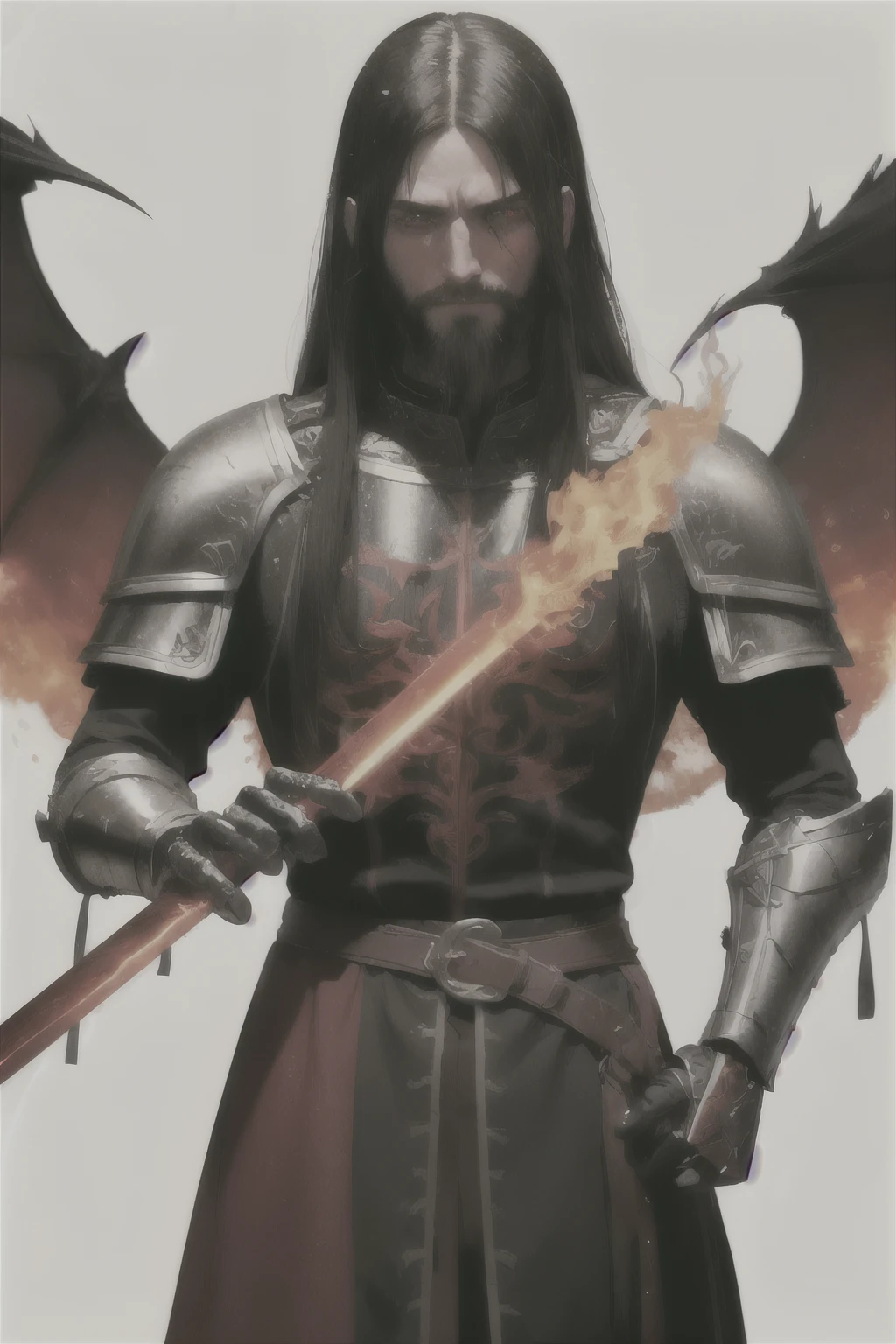 portrait of a man, wearing medieval clothing and armor, sword on his hips, holding his hand forward and water flowing around his hand, poor clothing, ripped clothes, leg armor, beard, red glowing eyes, long beard, dark red sword, fire bender, fire magic, fire lord, red eyes, fire, red, evil, old, lord, armor legs, arrogant, scary, black armor, fire eye, fire hand, lightning, red light, fire wings as background, slayer