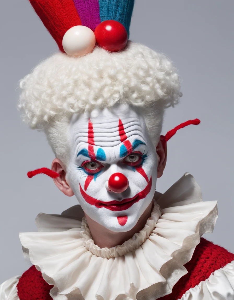 Clean background, (white face clown), wearing colorful knitted texture hat, intricate detail hat, ((full body shot)), (realistic style), (face thickly painted white)), red mouth, nose wearing red sponge ball, movie grade light effect, funny action, happy clown, looking at the audience, white gloves, colored magic wand in hand, clown character costume, Red plush shoes with big head, highest quality, master art, masterpiece, (with high artistic viewing), 4K picture quality,