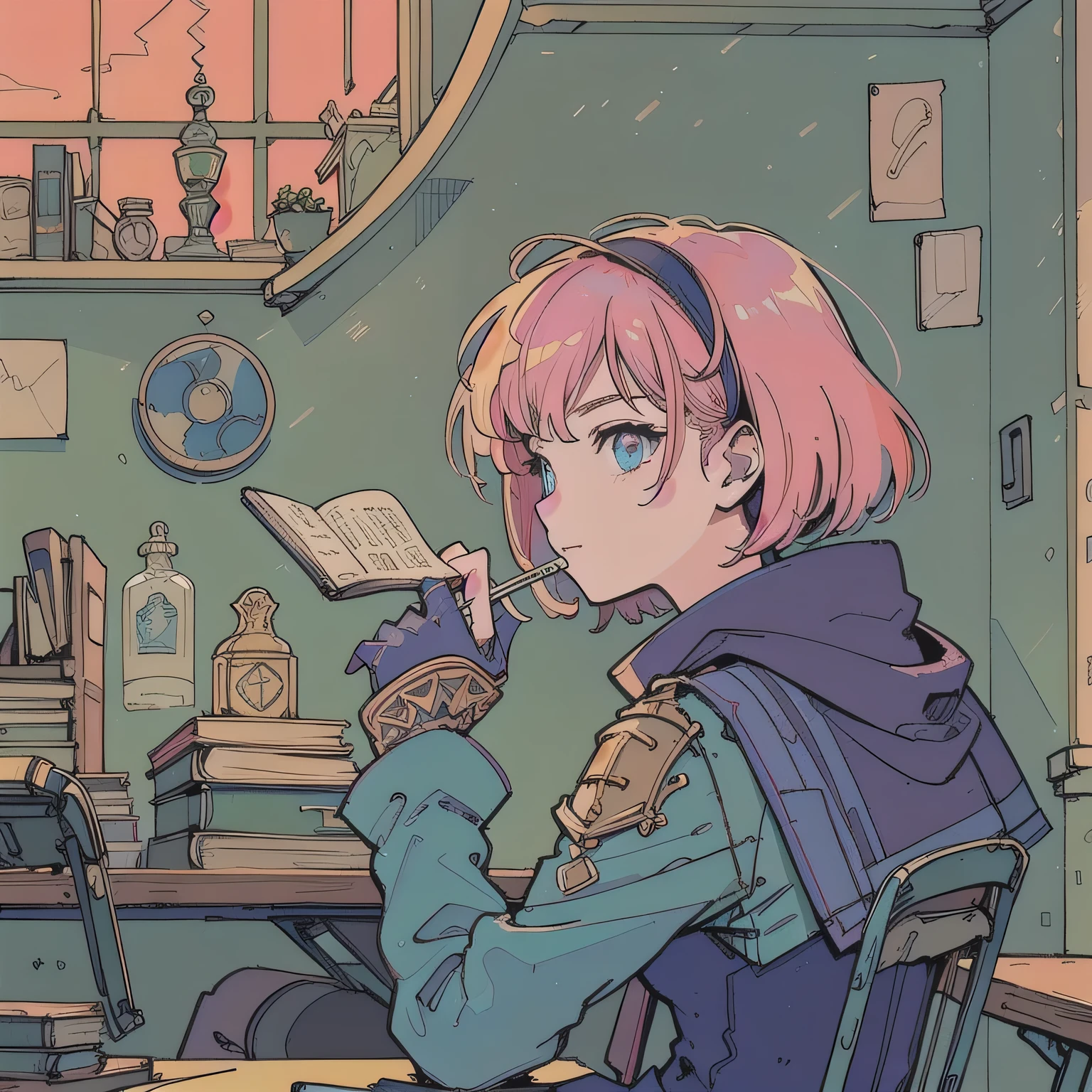 (praise), (back shot), ((Back view)), A girl studying at a desk in a room, magical research, Reading a book, Wearing Glass, Pink Hair,Fluffy bob cut,Shoulder length, evening,sunset,Analog Color Theme, flat, 2D , Simple drawing, Simplify the line drawing, Ink drawing, Big incline, Gouache Color, Great colorful, Out turn, Synthwave,Classic style,Old Texture, amplitude,Medieval European royal atmosphere,Aristocratic dress,Mysterious atmosphere,Lo-Fi,Calm atmosphere,Outside the window is a medieval castle town,Cozy room with warm lighting,(houseplants on the table),Books stacked on the table,A desk cluttered with art notebooks and stationery,A bookshelf full of books and dictionaries,One girl, , 8k, 35mm, Absurd, Flat color, perspective, Depth of written boundary, High resolution, Cinema Lighting, Professional Lighting, Sharp focus, High resolution, photograph, Realistic, Super detailed, In detail, ((Detailed eyes, face and hair)), (Music is playing from a trumpet-shaped gramophone on the desk.)