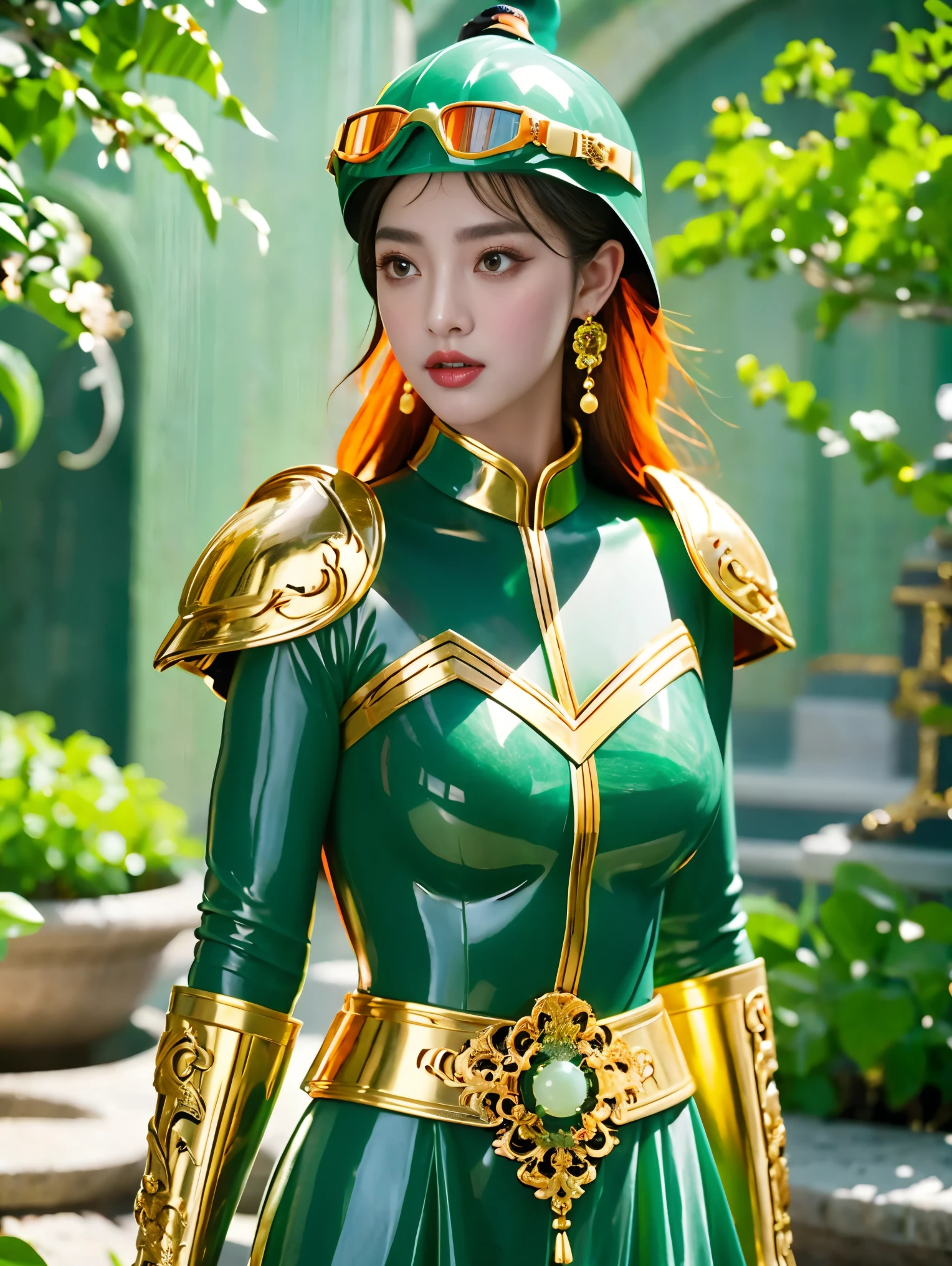 masterpiece，quality，翠玉armor，1 Girl，armor，Blurred Background，breast，Depth of Field，玉雕armor，(半遮面armor:1.5)，翡翠armor，One-Eyed Giant，Upper Body，Above the hips，Armor with orange jade balls，Gold shoulder straps，Jade Breastplate，Orange Hair，Whole body nail，earrings，Goggles，helmet，jewelry，Lips，Long hair，Looking at the audience，solo，Upper Body