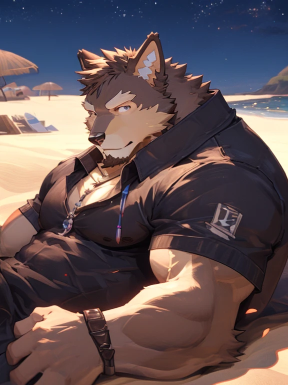 （Exquisite），（Outstanding Works），（Highest quality），German Shepherd Orc（male），Big muscles，Lilac eyes，Black eyelashes，There is a lot of hair on the neck，A faint smirk，Black short sleeve T-shirt，Hawaiian shorts，Lying on the beach，Looking up at the stars and the sea alone，孤独Aesthetic，Rear side view，（Light and shadow masterpiece），（Aesthetic），（Ultra-clear picture quality）