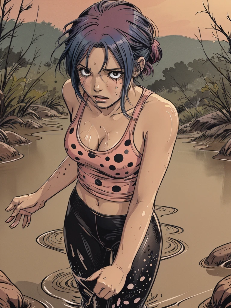 vector image, close-up, anime, junior girl,colored hair, gloomy orgasm,blush, black spotty colored leggings, sporty top,drowned in quicksand bog,red,tears, desperation