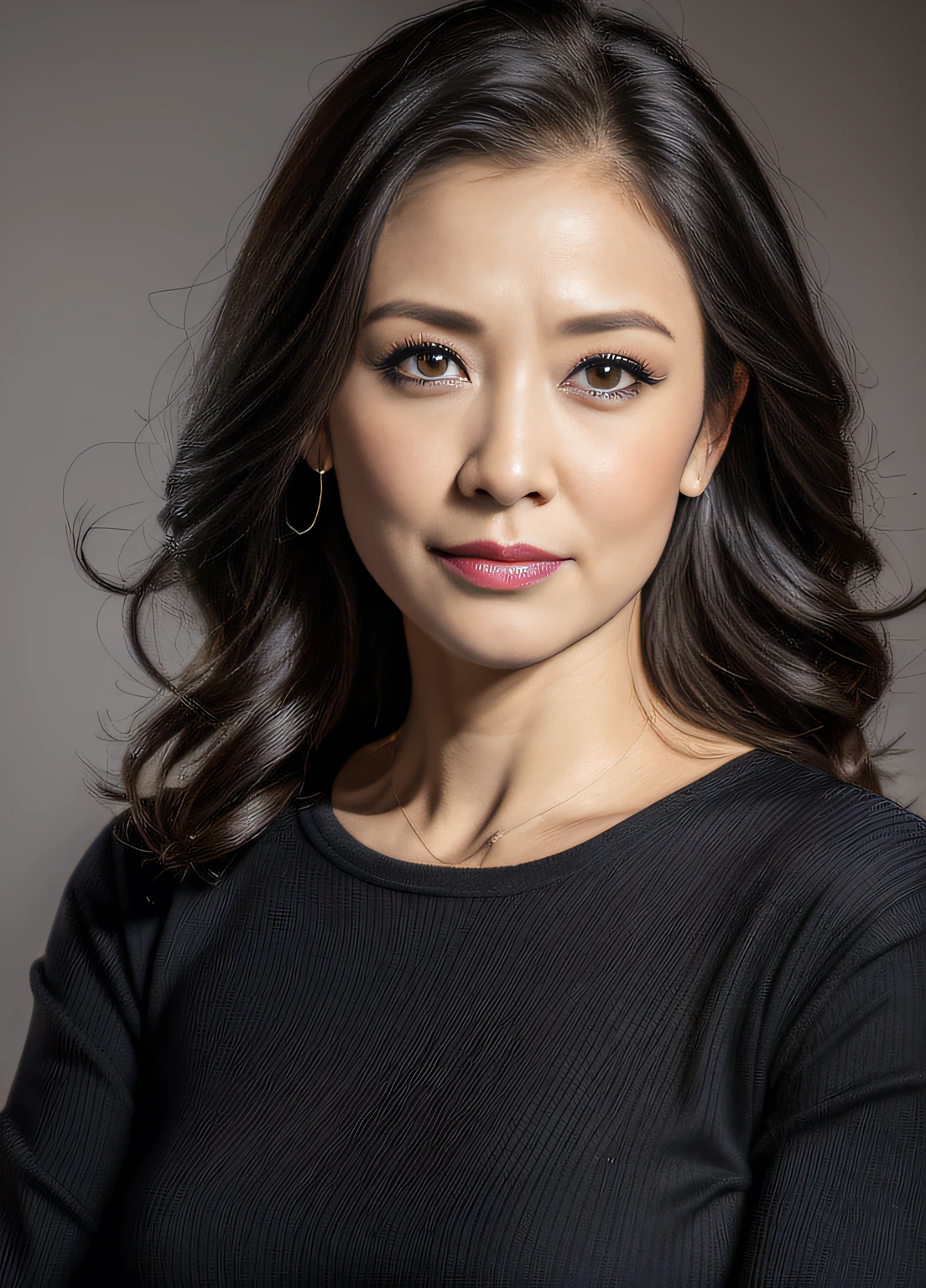 masterpiece,highest quality, (1 mature woman), ((Portraiture:1.5)), ((Look Down, Looking at the audience)), compensate, Elegant black shirt, Wavy Hair, ((Temptation performance, Open your mouth:0.5)),