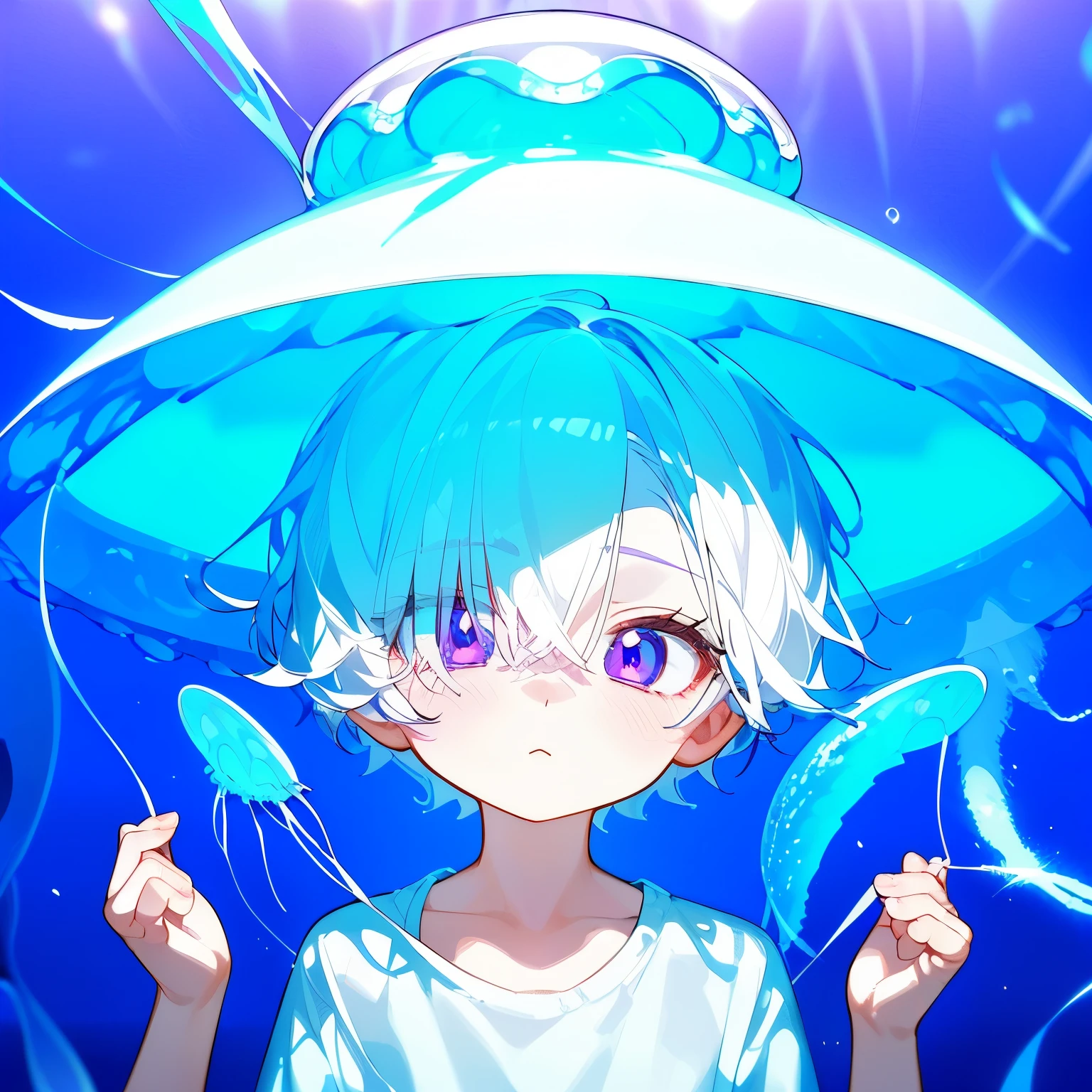 (high quality, thrilling),(expressive eyes, perfect face), (white hair), ((1 boy)), male, alone, short, little boy, (wearing a blue shirt), (wearing a jellyfish hat), The background is an aquarium, purple eyes