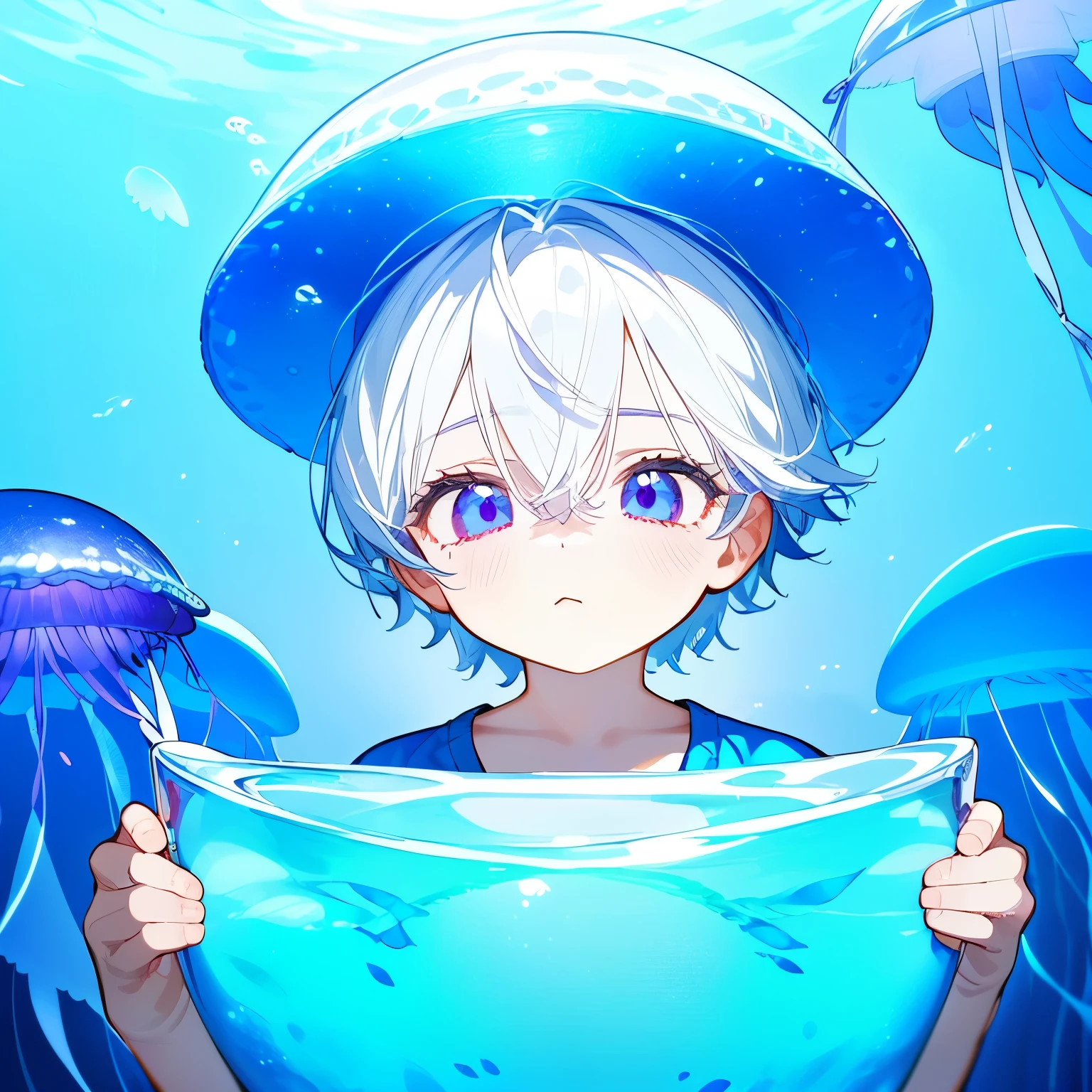 (high quality, thrilling),(expressive eyes, perfect face), (white hair), ((1 boy)), male, alone, short, little boy, (wearing a blue shirt), (wearing a jellyfish hat), The background is an aquarium, purple eyes