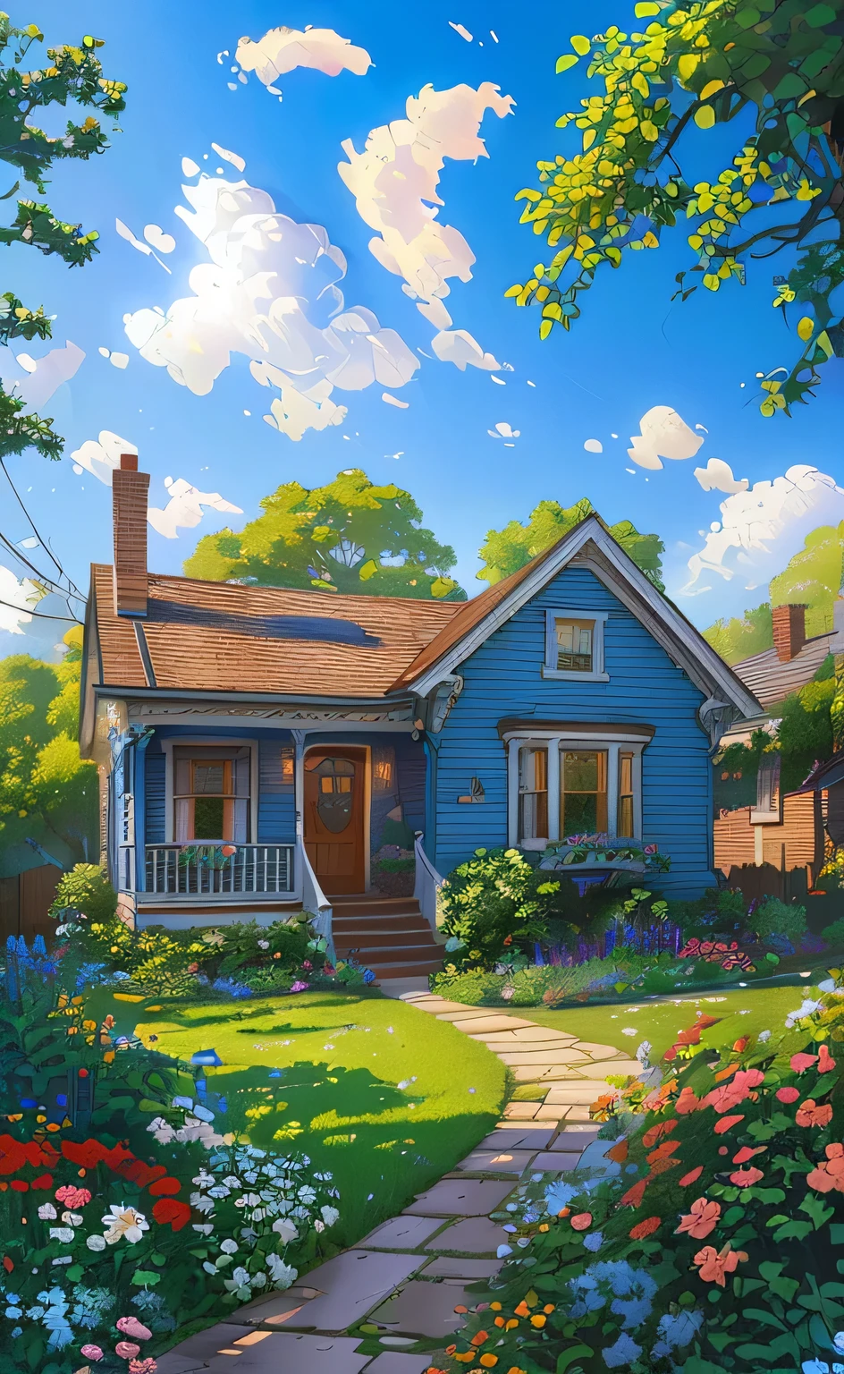 a painting of a blue house with a garden and flowers, house background, inspired by Evgeny Lushpin, by Patrick Brown, highly detailed digital painting, 4 k matte thomas kinkade, detailed painting 4 k, highly detailed illustration, stylized digital illustration, digital painting highly detailed, 2021 award winning painting, digital cartoon painting art