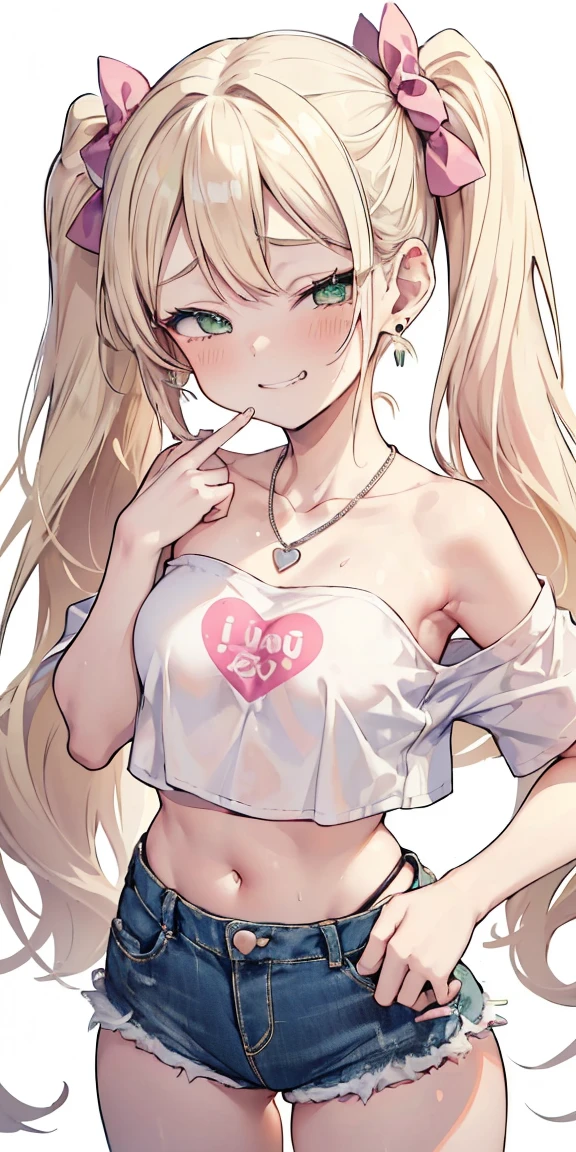 1 girl,heart-shaped pupils, hand on hips, blond hair, blonde hair, (((blond hair))), ((green eyes)), green colored eyes, long hair, (((long twintails))), Upper body, trembling, Sweat, Sweatdrop, heart, (speed line:1.1), ((Flat milk)), ((heavy breathing:1.3)), like, heart, mesugaki look, Yandere, ((jagged teeth)), small breasts, ((hair bows)), (((white crop top))), ((solid white crop top)), ((strapless)), midriff, ((short denim shorts)), cowboy shot, ((twin tails)), ((tsundere)), (((evil smile, mesugaki look, smile))), ((earrings)), ((silver necklace)), ((pink colored bows))