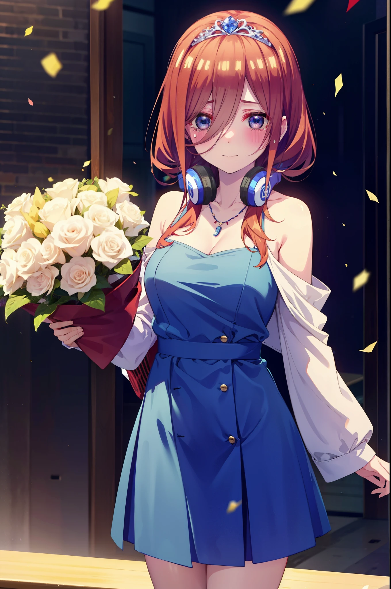 Miku Nakano, Miku Nakano, Long Hair, bangs, Brown Hair, shirt, Hair between the eyes, cardigan, Headphones around neck,tiara,Star Hair Ornament,smile,blush,Blue Dress,Long skirt,Red Pin Heel,No sleeve,Expose your shoulders,Bare arms,Bare neck,bare clavicle,Heart Necklace,Tears stream down her face,Tears of joy,I cry a lot,holding a large bouquet of flowers in each hand,Confetti,There is a birthday cake on the table,
break indoors, on stage,
break looking at viewer, (Cowboy Shot:1.5),
break (masterpiece:1.2), highest quality, High resolution, unity 8k wallpaper, (shape:0.8), (Beautiful details:1.6), Highly detailed face, Perfect lighting, Highly detailed CG, (Perfect hands, Perfect Anatomy),