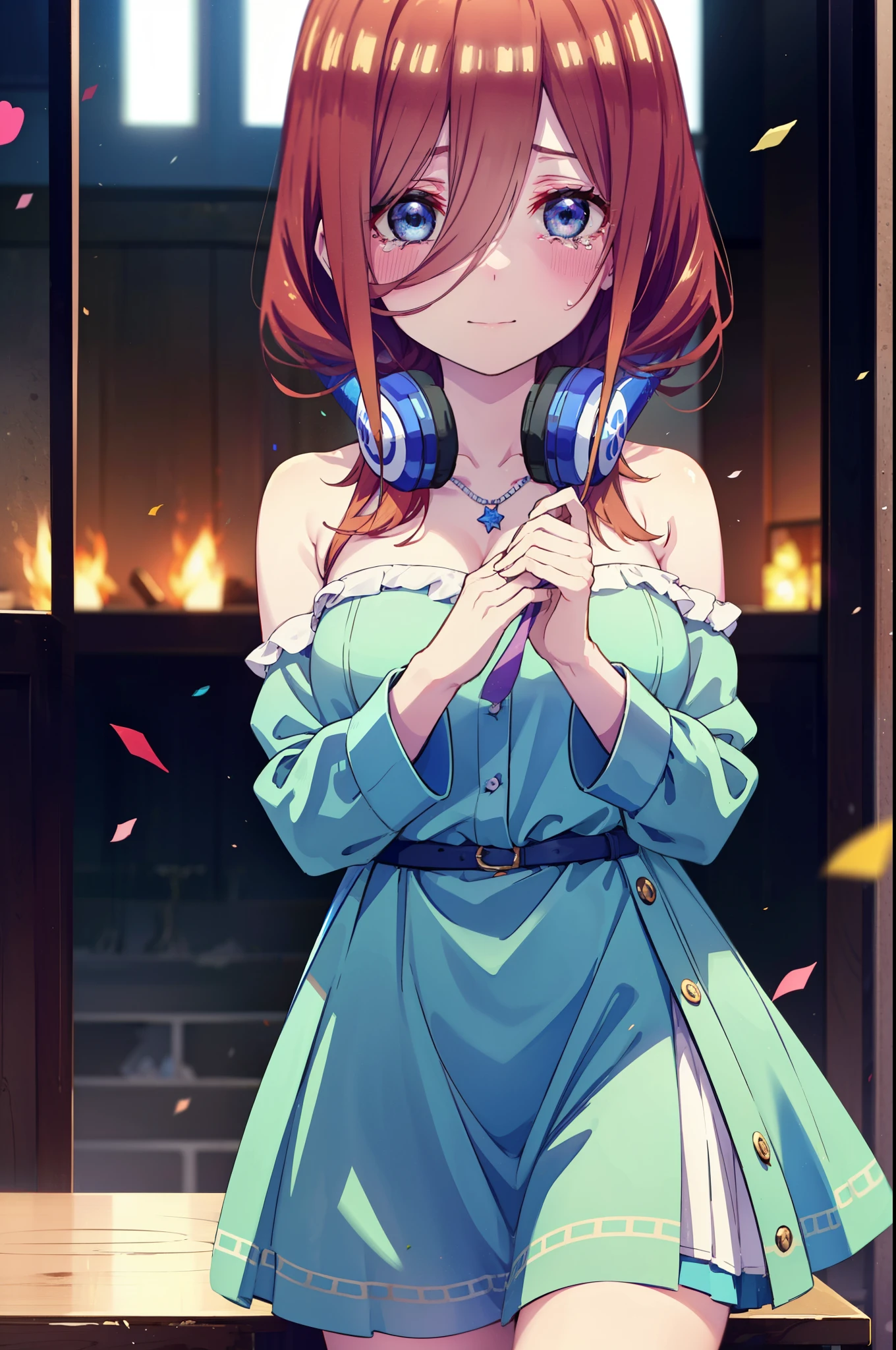 Miku Nakano, Miku Nakano, Long Hair, bangs, Brown Hair, shirt, Hair between the eyes, cardigan, Headphones around neck,tiara,Star Hair Ornament,smile,blush,Blue Dress,Long skirt,Red Pin Heel,No sleeve,Expose your shoulders,Bare arms,Bare neck,bare clavicle,Heart Necklace,Tears stream down her face,Tears of joy,I cry a lot,holding a large bouquet of flowers in each hand,Confetti,There is a birthday cake on the table,
break indoors, on stage,
break looking at viewer, (Cowboy Shot:1.5),
break (masterpiece:1.2), highest quality, High resolution, unity 8k wallpaper, (shape:0.8), (Beautiful details:1.6), Highly detailed face, Perfect lighting, Highly detailed CG, (Perfect hands, Perfect Anatomy),