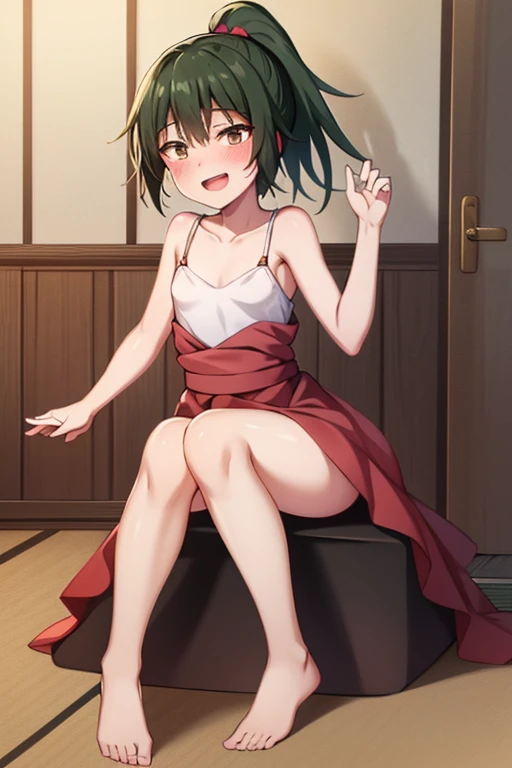 ((highest quality)), ((masterpiece)), (be familiar with), Perfect Face, indoor, Bedroom, Watching the audience,
One woman, Zenyuan Maki,
Open Mouth, Ecstatic expression, blush, smile,
Small breasts, Flat Chest, Young Girl, , , Girl,
Long Hair, ponytail,
Leg spread,