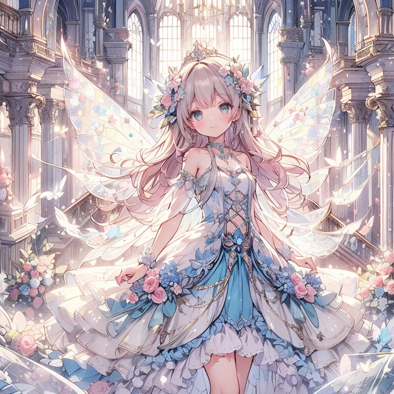 (Exquisite, beautiful, Very detailed, masterpiece, High resolution,high quality,High resolution),(Well-formed face,Soft and thin lines: 1.2, beautiful, Delicate and vivid illustrations with a mature and clear feel),夜のInside the castle,A smiling fairy princess with butterfly wings walks up the stairs of a gorgeous baroque castle,whole body,Inside the castle,Princess's Castle,flower,flowerびら,(Transparent fairy wings grow from your back), (Dazzling Smile), (tiara, Earrings, choker), Ball Gown Dress,Ribbons, lace and frills, (Pale pink blush, Plump pink lips,Large Bust,Fair skin, Good style),Bright colors,Eye-catching colors,Dynamic Angles