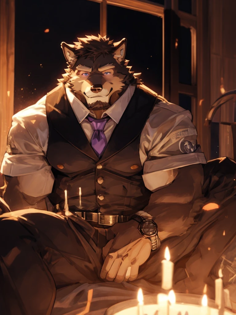 （masterpiece），（best quality），（Ultra-clear image quality），german shepherd orc（male），Big muscles，Hairy hair all over the body，Black eyelashes，Beautiful purple eye color，Wearing a suit，Wearing a watch，Handsome wolf，giggle，Lying in bed，Upper side view of the entire body，There is light behind it，In a cozy little house，Golden Sunshine，（Light and shadow masterpiece），（dynamic picture）