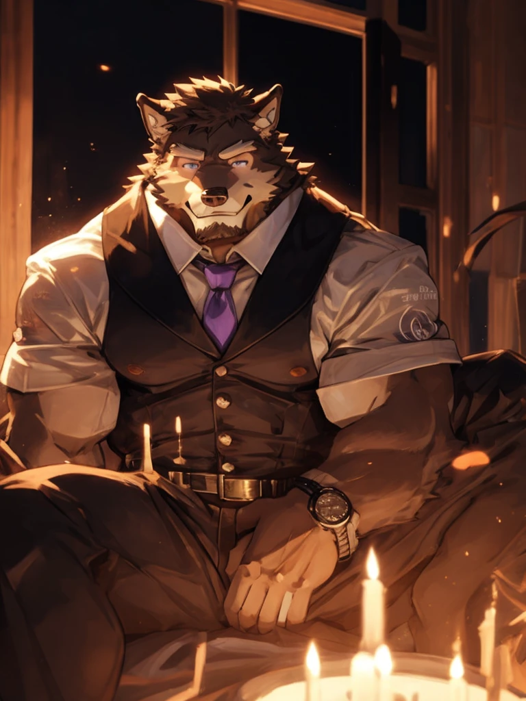 (masterpiece),(best quality),(Ultra-clear image quality),german shepherd orc(male),Big muscles,Hairy hair all over the body,Black eyelashes,Beautiful purple eye color,Wearing a suit,Wearing a watch,Handsome wolf,giggle,Lying in bed,Upper side view of the entire body,There is light behind it,In a cozy little house,Golden Sunshine,(Light and shadow masterpiece),(dynamic picture)