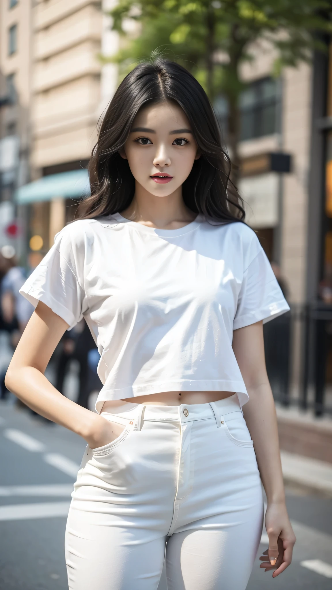 23 years old girl, beautiful, (long face:0.5), long black wavy hair, brown eyes, upturned eyes, straight thin eyebrows, white oversize t-shirt, black sweet pants, Sneakers, (photorealistic:1.2), (ultra realistic:1.3), (very detailed:1.1), ((masterpiece)),
