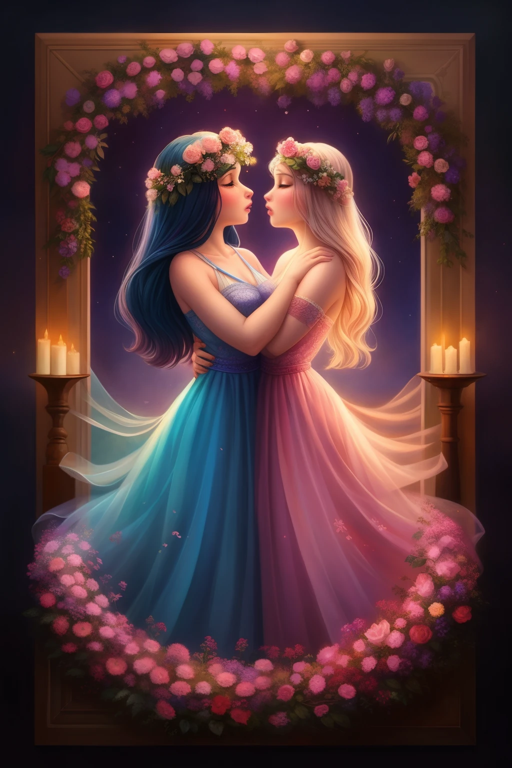 In the enchanting digital collage by Sierra Sinn, love is vividly portrayed in every detail. The ethereal atmosphere is filled with an intoxicating mix of emotions, as if love itself is tangible in the air.

The canvas brims with an eclectic assortment of soft pastels, delicate textures, and intricately woven patterns, all harmoniously coming together to evoke a sense of romantic bliss. Intimate whispers of pink and red hues create a dreamy backdrop, intertwining with the delicate petals of flowers, their silhouettes softly outlining the canvas.

The central focus of this love-infused masterpiece is
