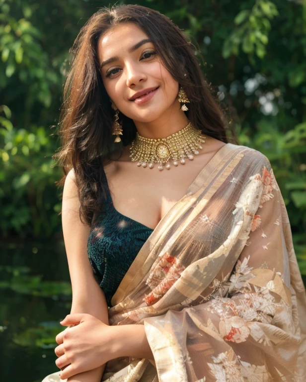 A beautiful young girl,smiling, wear a full saree,white colour-red colour mix, standing near a pond with pot,slight red colour, ,best quality, 8k,hd,ultra realistic, high quality, sexy girl,,