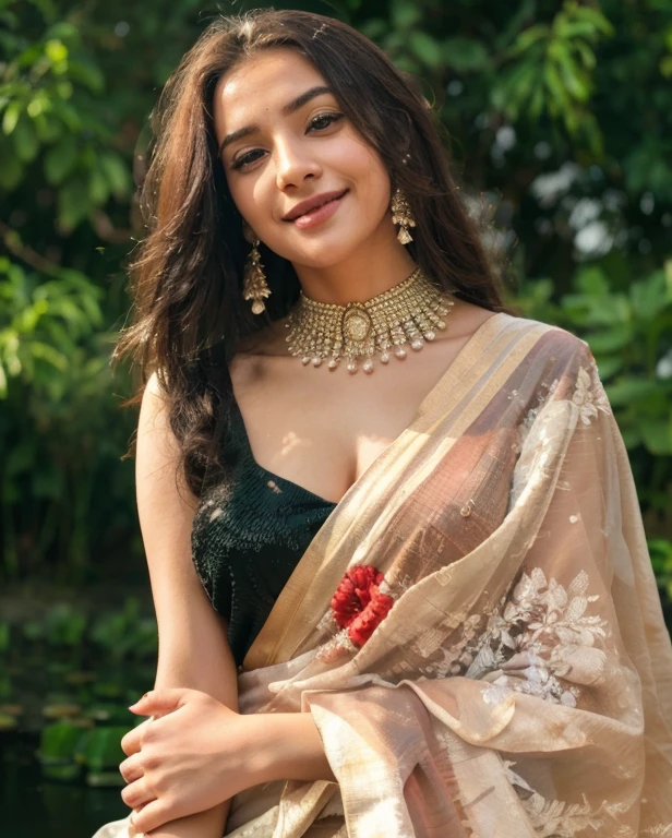 A beautiful young girl,smiling, wear a full saree,white colour-red colour mix, standing near a pond with pot,slight red colour, ,best quality, 8k,hd,ultra realistic, high quality, sexy girl,,