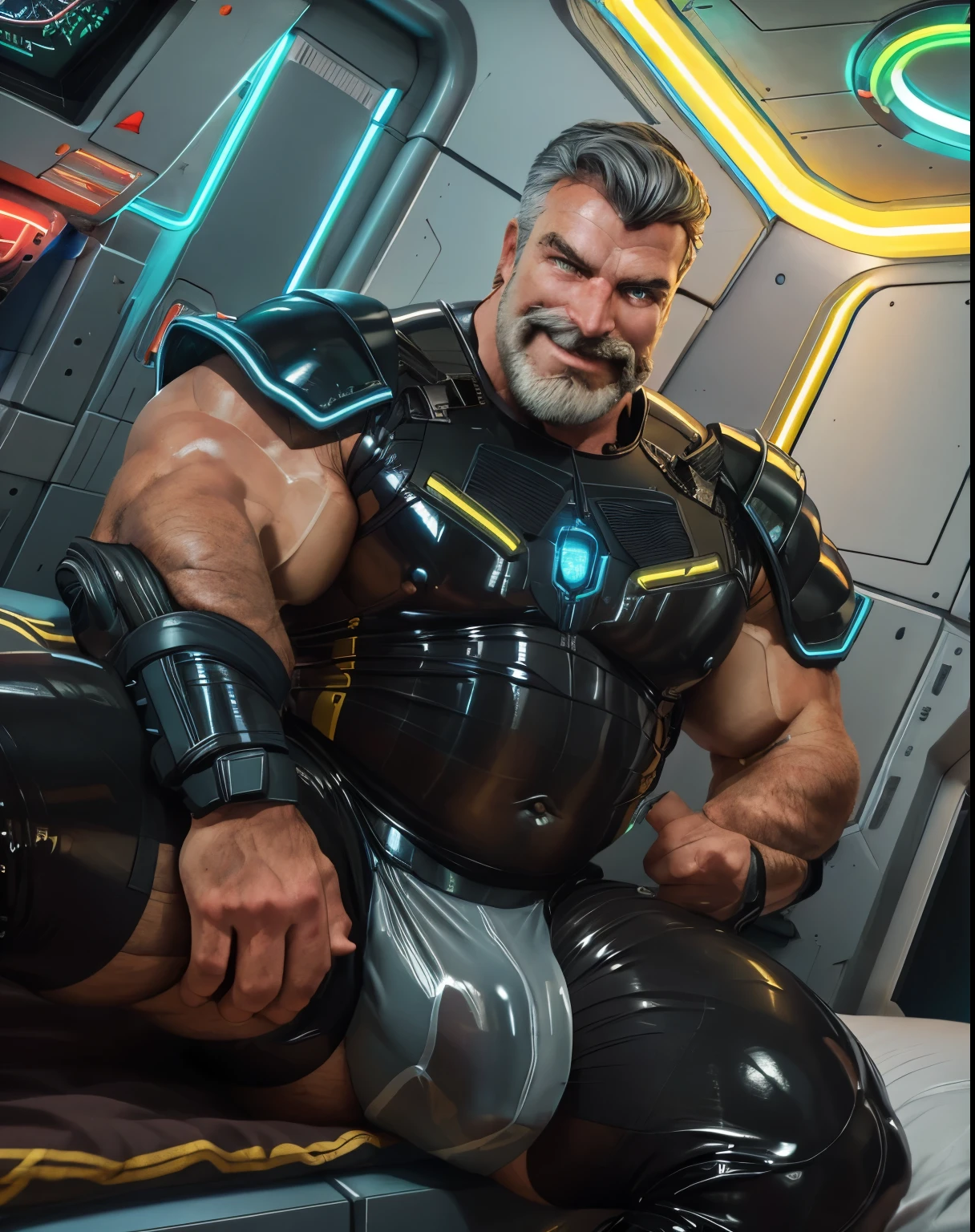 full body portrait, strong burly hairy mature older man(space captain), wearing futuristic captain's uniform insignia (neon and black) (open and revealing) (latex) , gray hair, broad shoulders, round belly, bulging micro thong, scifi spaceship captain uniform, neon lights, best quality elegant masterpiece, military buzzcut, dark mustache, gray stubble, latex, wearing a latex thong, big bulging crotch, futuristic gear equipment, wearing see through plastic chest armor (neon yellow and electric blue), wearing neon yellow see through chest armor, wearing electric blue latex chaps(see-through) , wearing cool neon sneakers,in spaceship cockpit, lying in spaceship sleeping quarters(bed) (view from above), smiling with teeth showing, nicebulge, waiting in bed, glowing armor, legs up(!) and spread(!) , big muscle ass, wet and dripping ass, hairy pecs, thick long legs, silver hair